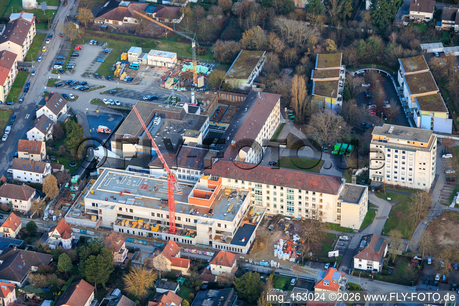 Construction site for the expansion of the Asklepios Südpfalzklinik Kandel in Kandel in the state Rhineland-Palatinate, Germany from the drone perspective