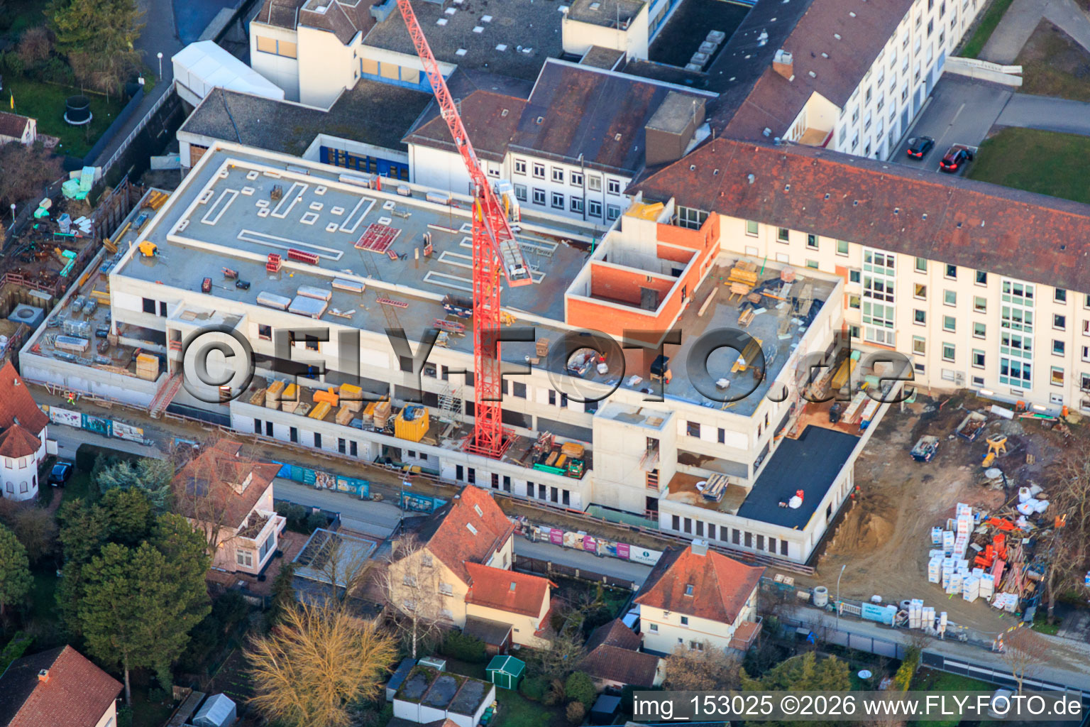 Construction site for the expansion of the Asklepios Südpfalzklinik Kandel in Kandel in the state Rhineland-Palatinate, Germany from a drone