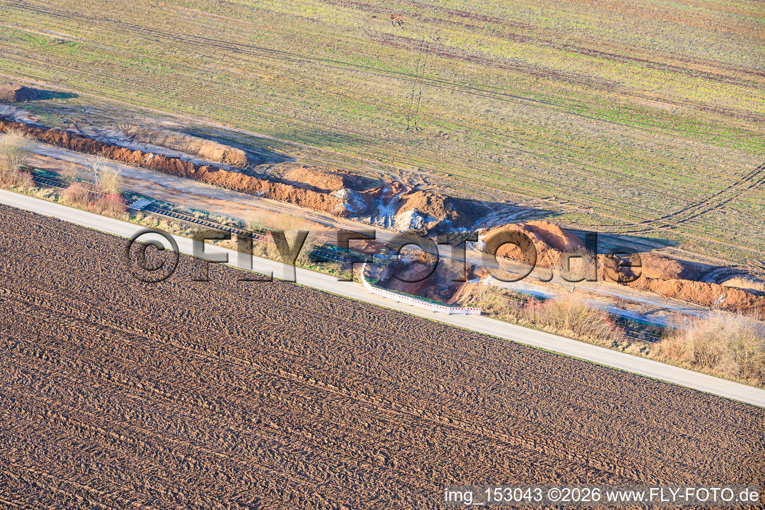 Oblique view of Vulcan Energy construction site for a lithium and geothermal energy extraction plant on the cycle path between Herxheim and Landau in Landau in der Pfalz in the state Rhineland-Palatinate, Germany