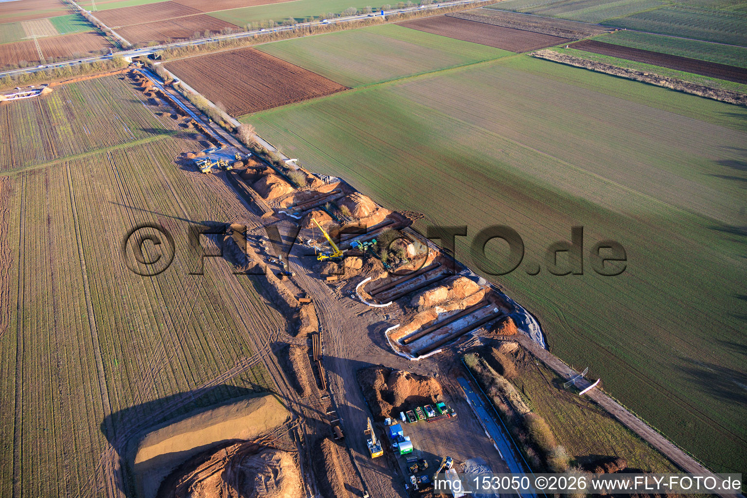 Vulcan Energy construction site for a lithium and geothermal energy extraction plant on the cycle path and former railway line between Herxheim and Landau in Landau in der Pfalz in the state Rhineland-Palatinate, Germany from above