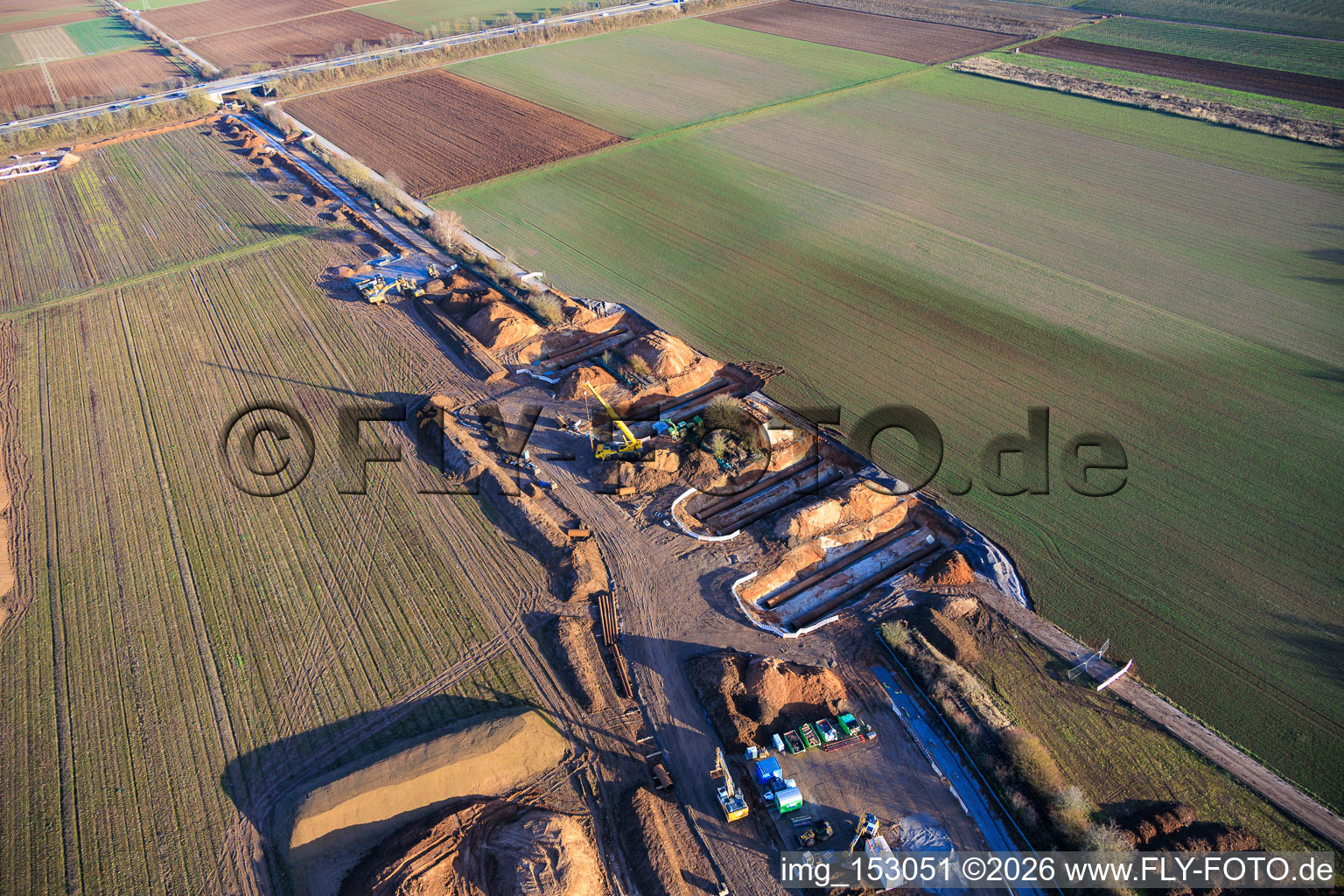 Vulcan Energy construction site for a lithium and geothermal energy extraction plant on the cycle path between Herxheim and Landau in Landau in der Pfalz in the state Rhineland-Palatinate, Germany from above