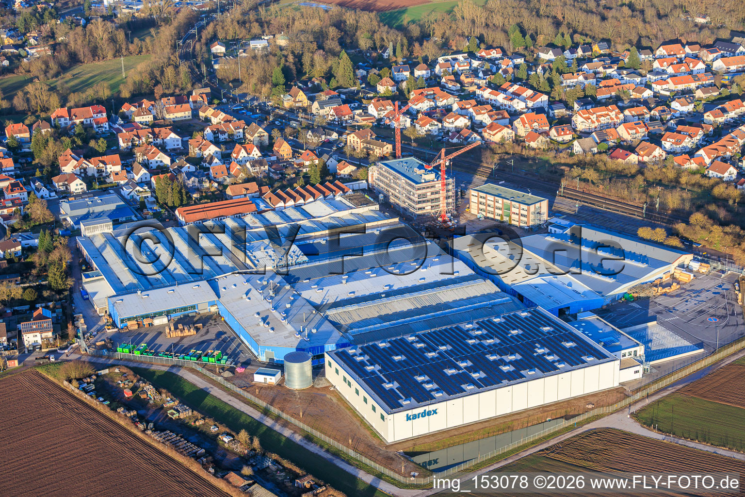 Aerial view of New construction site on the Kardex Remstar grounds in Bellheim in the state Rhineland-Palatinate, Germany
