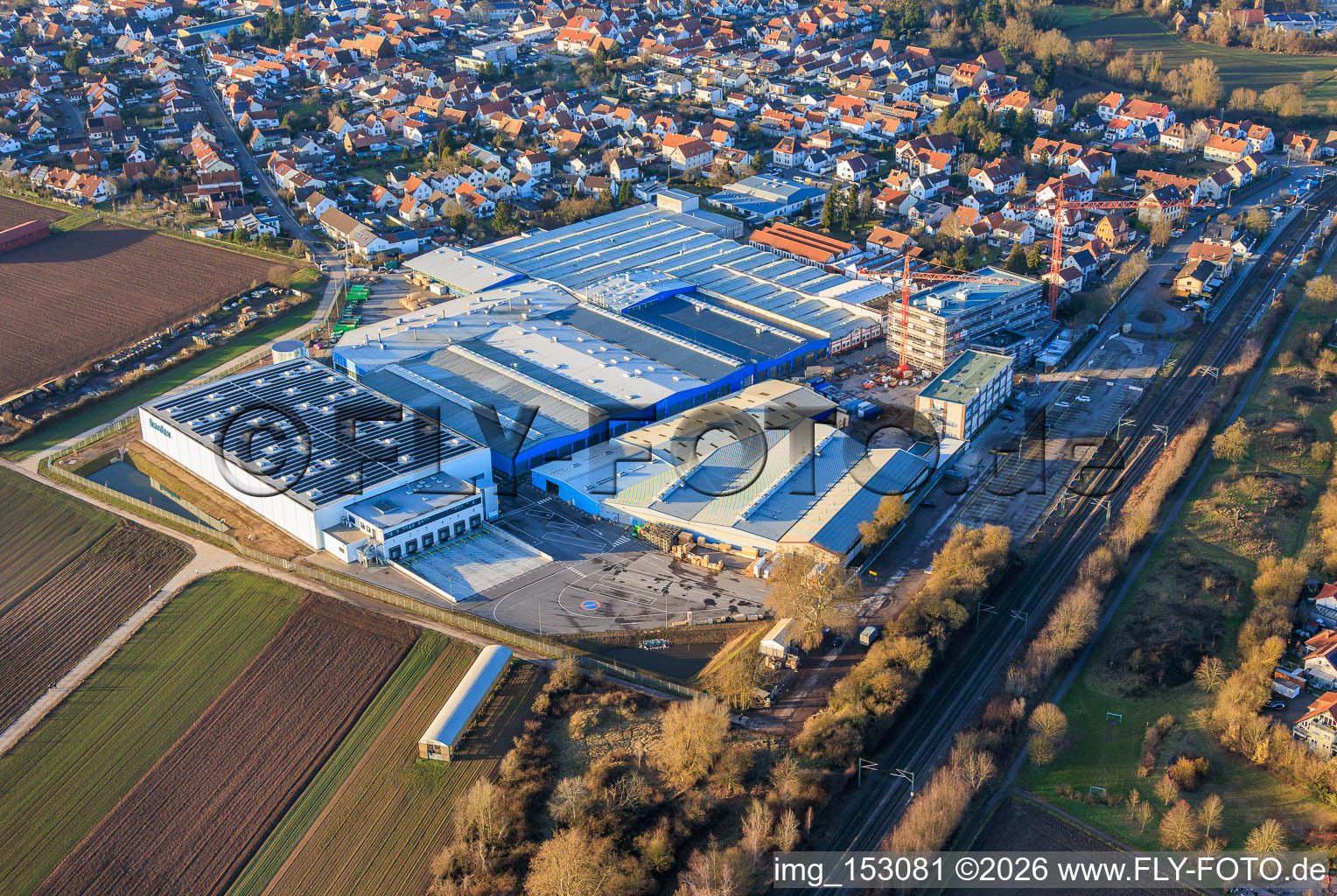 Oblique view of New construction site on the Kardex Remstar grounds in Bellheim in the state Rhineland-Palatinate, Germany