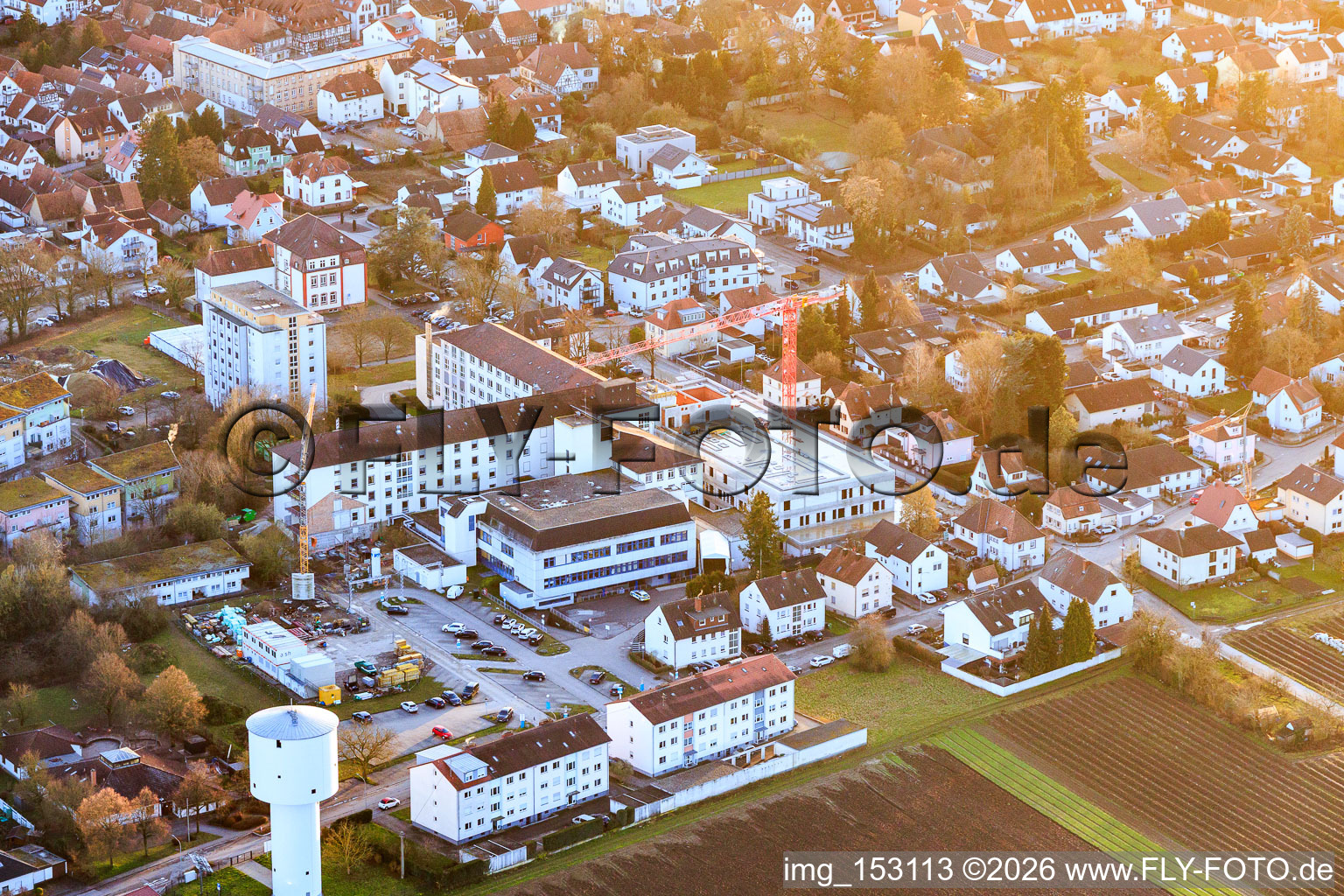 Construction site for the expansion of the Asklepios Südpfalzklinik Kandel in Kandel in the state Rhineland-Palatinate, Germany seen from a drone