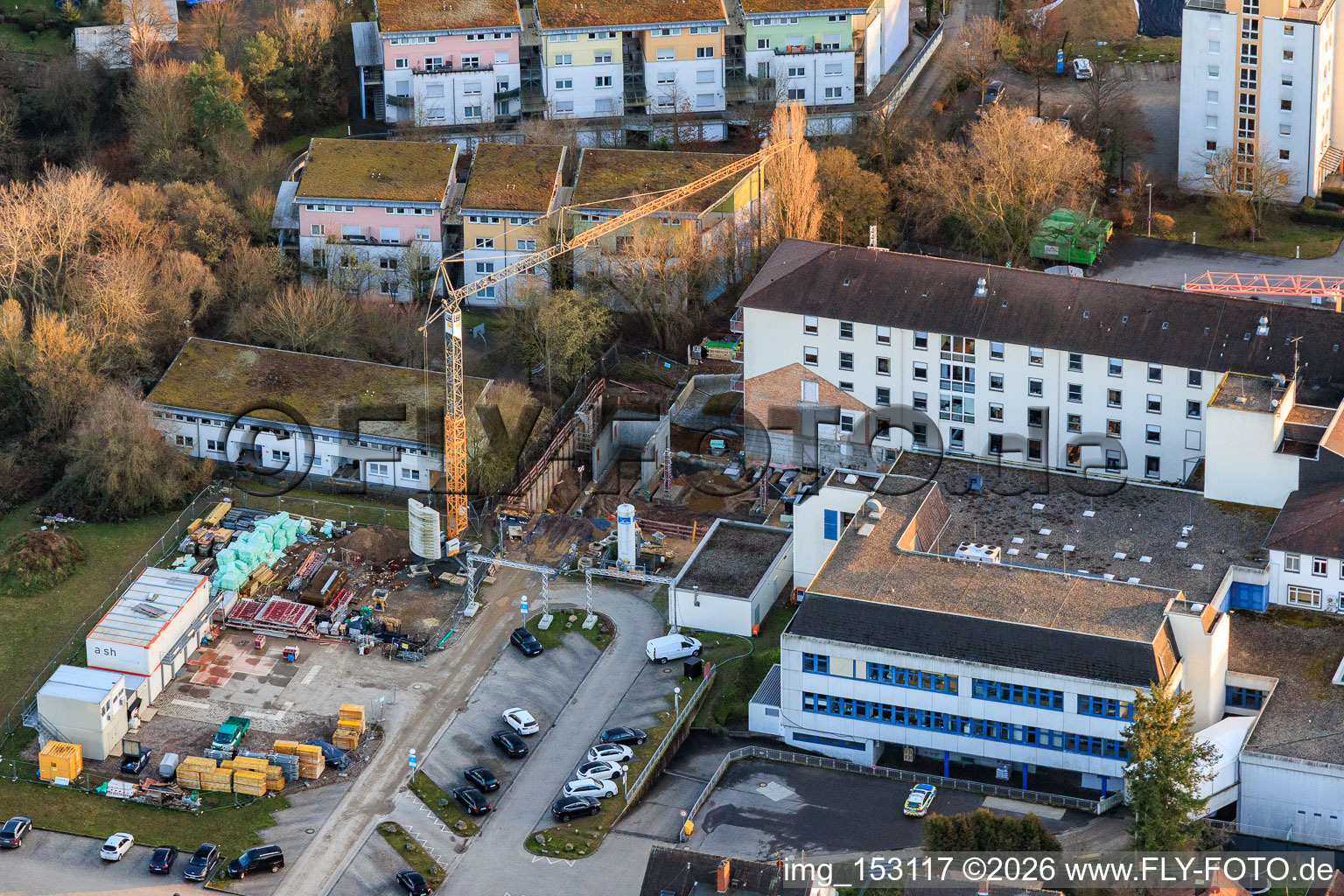 Aerial view of Construction site for the expansion of the Asklepios Südpfalzklinik Kandel in Kandel in the state Rhineland-Palatinate, Germany