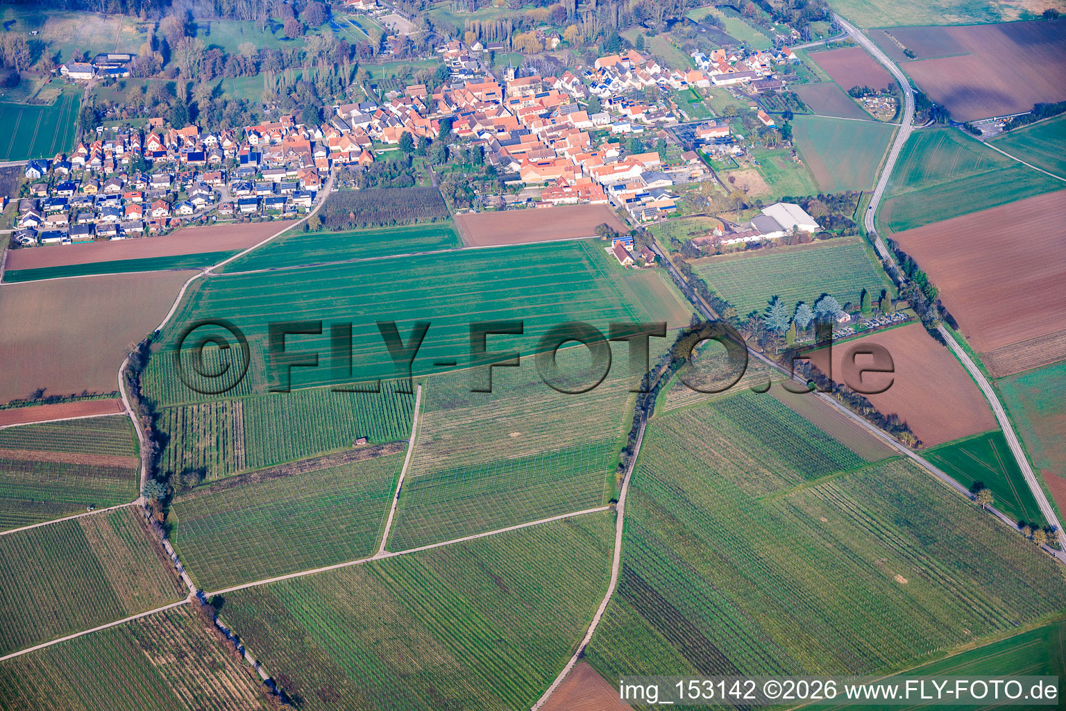 Aerial view of From the south in the district Mühlhofen in Billigheim-Ingenheim in the state Rhineland-Palatinate, Germany