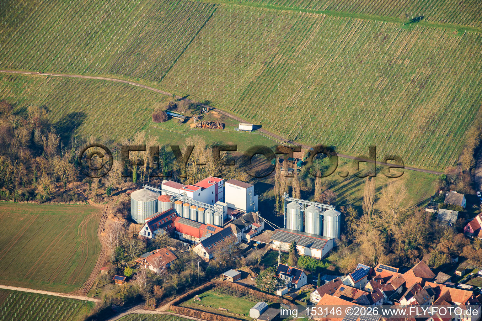 Aerial view of Bischoff Mill in the district Appenhofen in Billigheim-Ingenheim in the state Rhineland-Palatinate, Germany