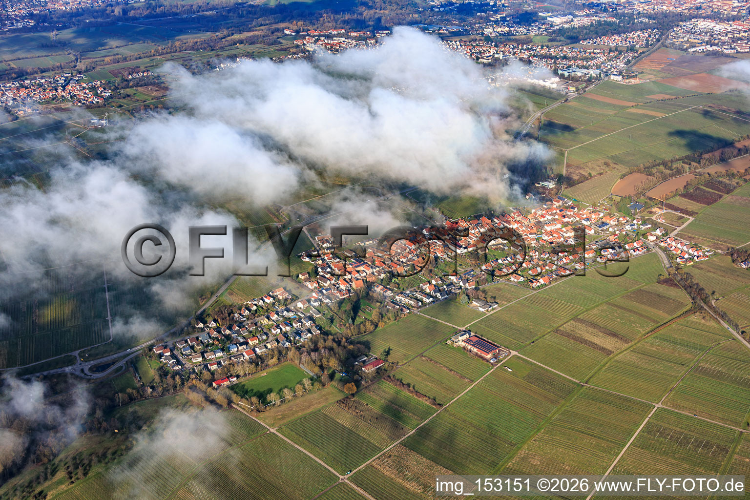 View of the town from the southwest under clouds in the district Wollmesheim in Landau in der Pfalz in the state Rhineland-Palatinate, Germany