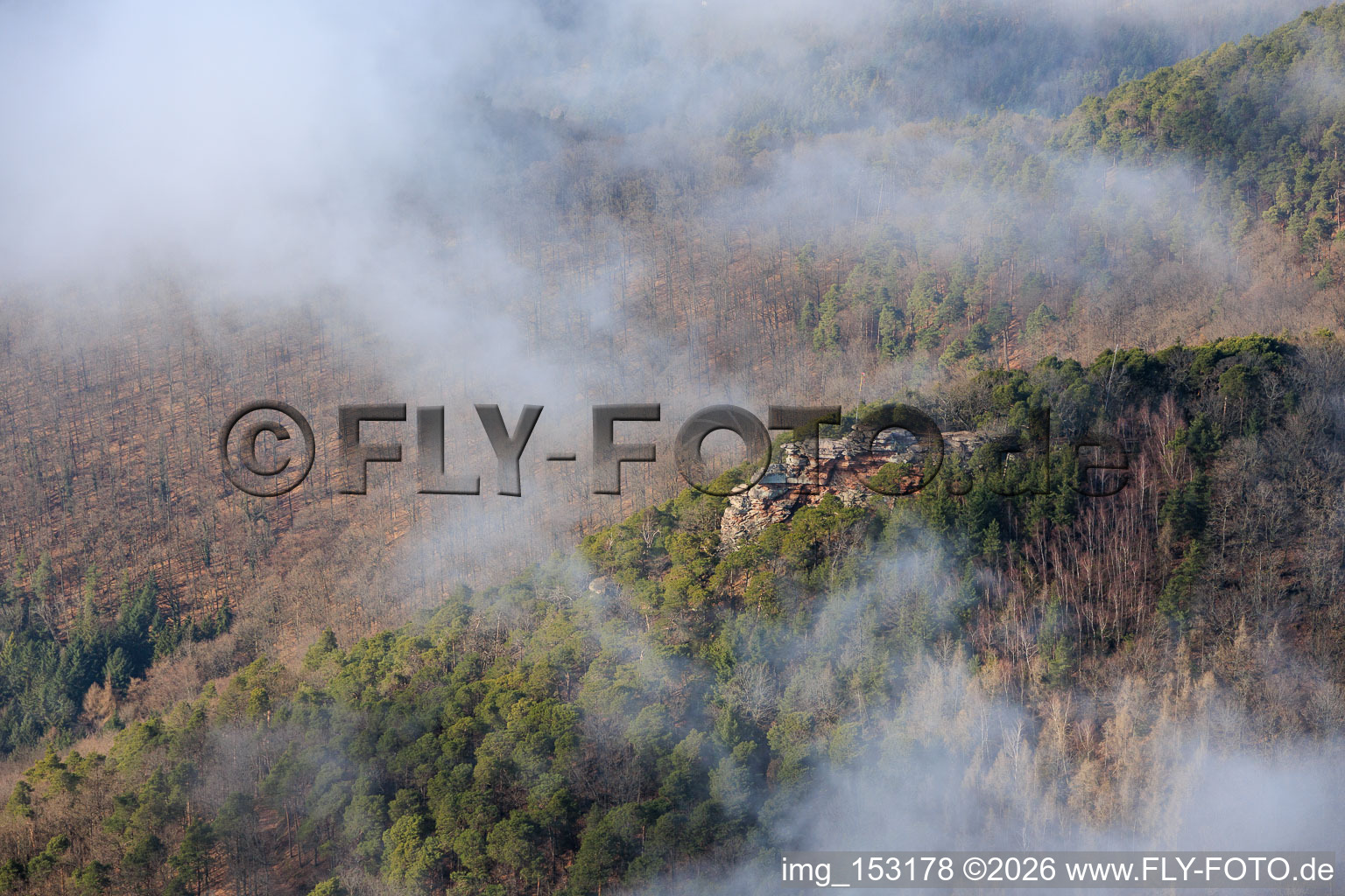 Aerial view of Orensfels with windsock in clouds in Frankweiler in the state Rhineland-Palatinate, Germany