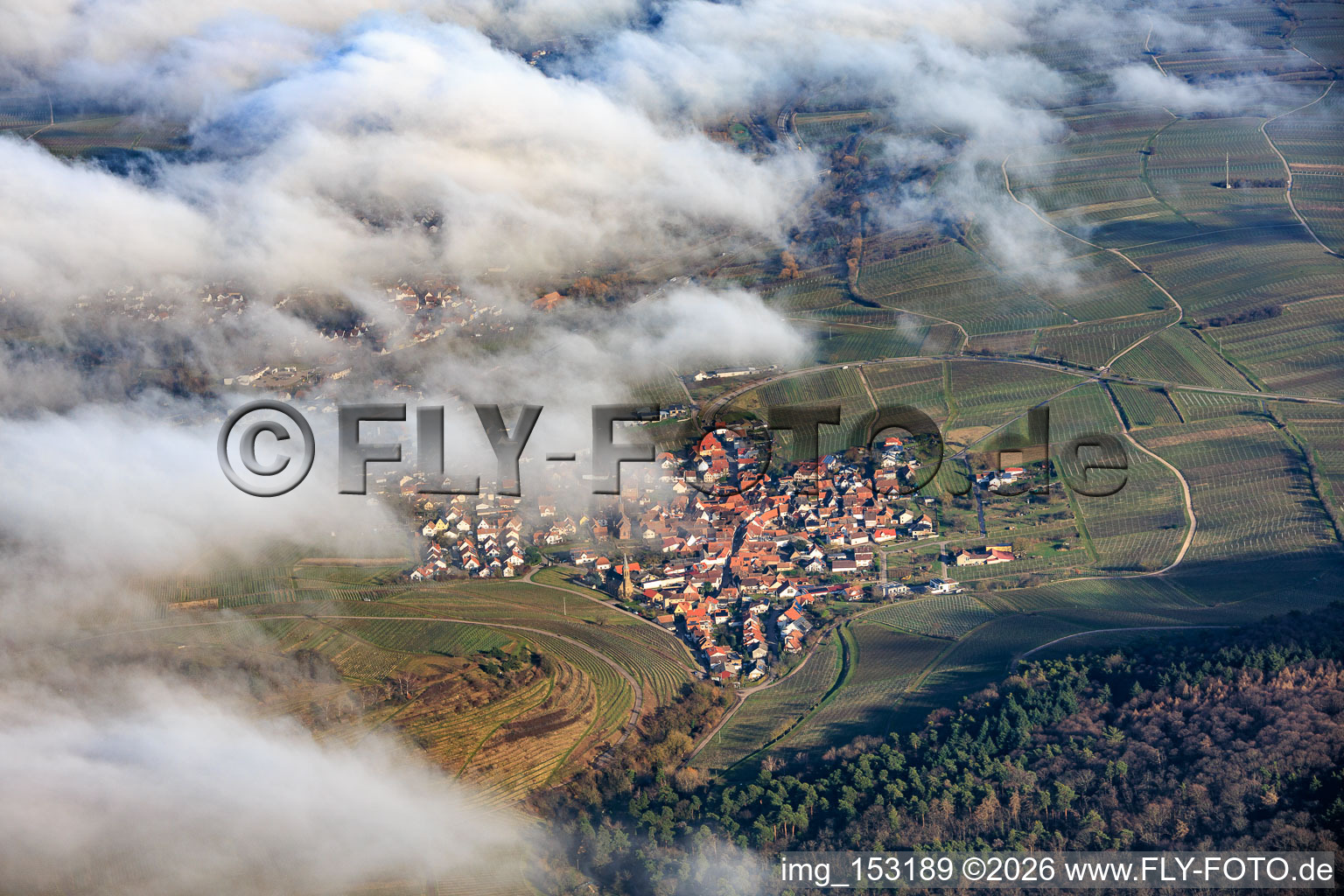 Winegrowing village under clouds from the west in Birkweiler in the state Rhineland-Palatinate, Germany