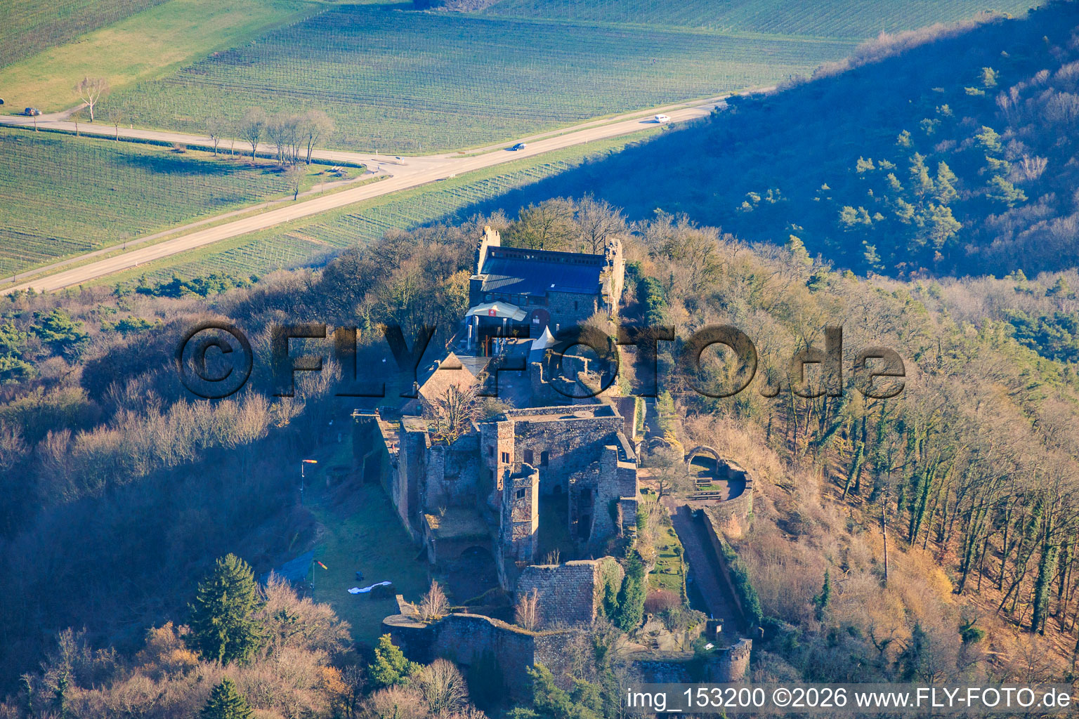 Madenburg castle ruins from the north in Eschbach in the state Rhineland-Palatinate, Germany