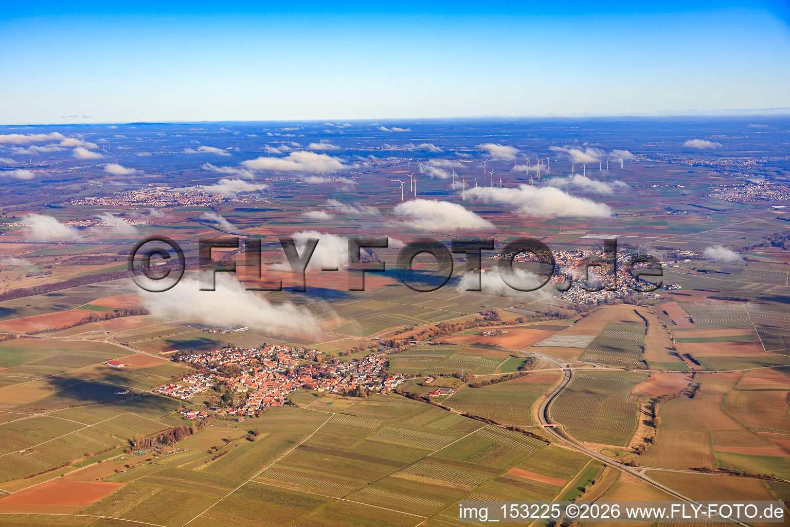 View of the town from the west under clouds in Insheim in the state Rhineland-Palatinate, Germany