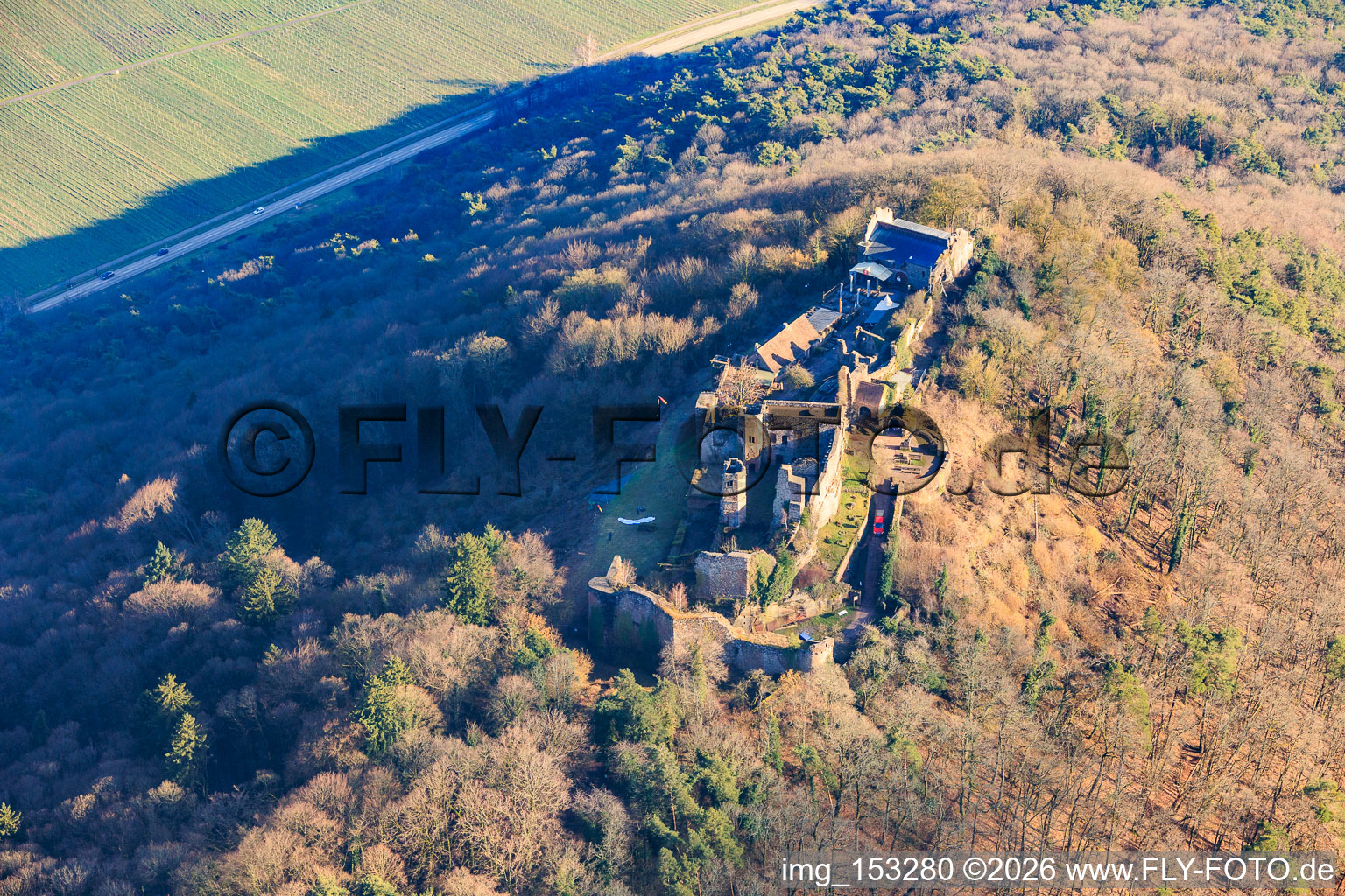 Aerial view of Madenburg castle ruins from the north in Eschbach in the state Rhineland-Palatinate, Germany