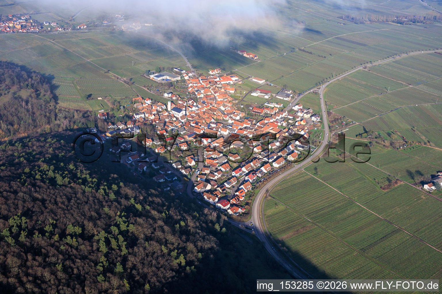 Winegrowing village under clouds from the southwest in Eschbach in the state Rhineland-Palatinate, Germany