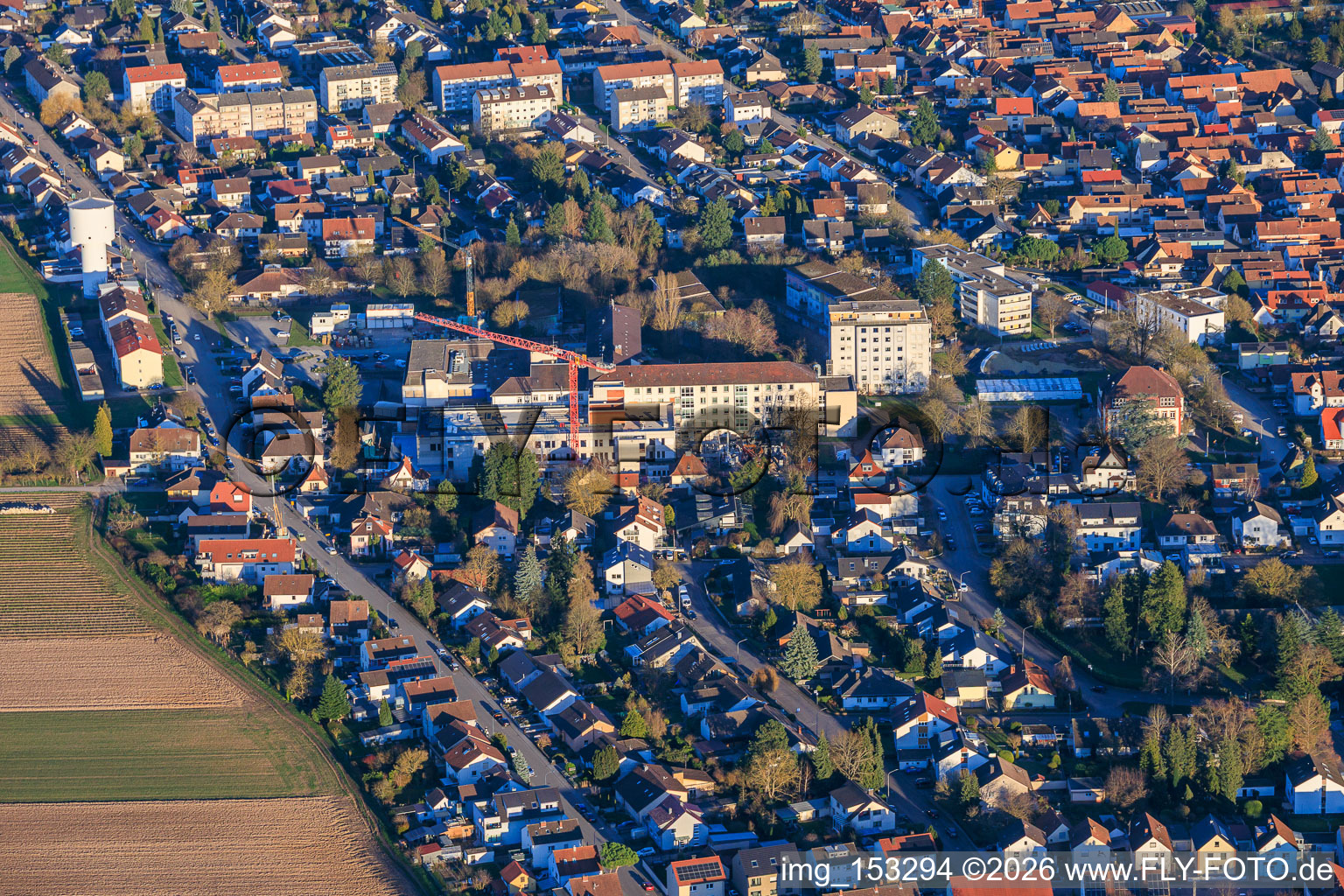 Construction site for the expansion of the Asklepios Südpfalzklinik Kandel in Kandel in the state Rhineland-Palatinate, Germany out of the air