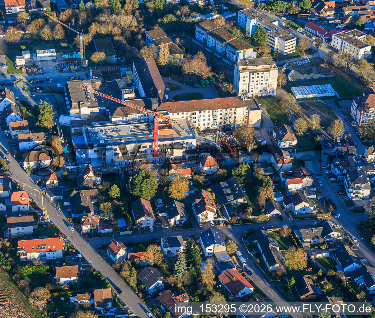 Construction site for the expansion of the Asklepios Südpfalzklinik Kandel in Kandel in the state Rhineland-Palatinate, Germany seen from above
