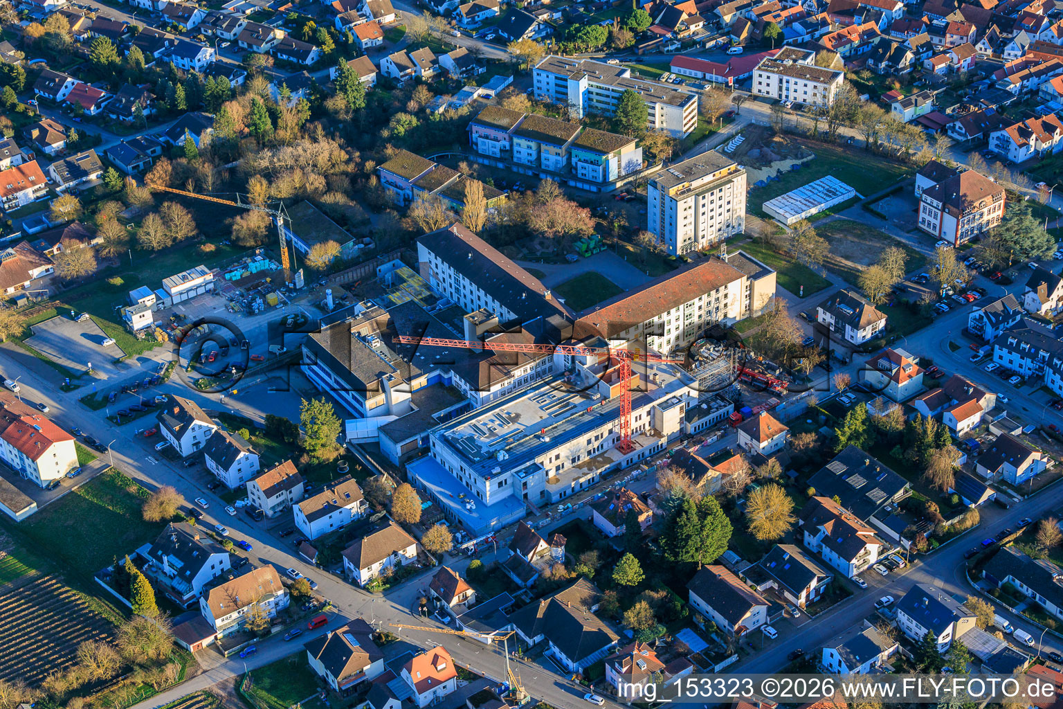 Construction site for the expansion of the Asklepios Südpfalzklinik Kandel in Kandel in the state Rhineland-Palatinate, Germany viewn from the air