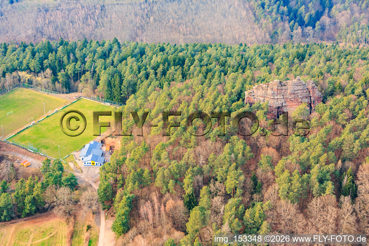 Sports field of the Sportfreunde Bundenthal 1984 eV at the natural monument Fladensteine (Buntsandsteinfelsen) in Bundenthal in the state Rhineland-Palatinate, Germany