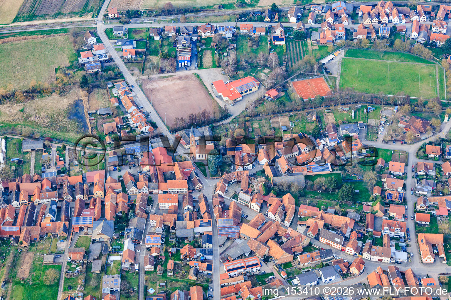Village center from the south with festival grounds at the Wasgau Hall in the district Kapellen in Kapellen-Drusweiler in the state Rhineland-Palatinate, Germany