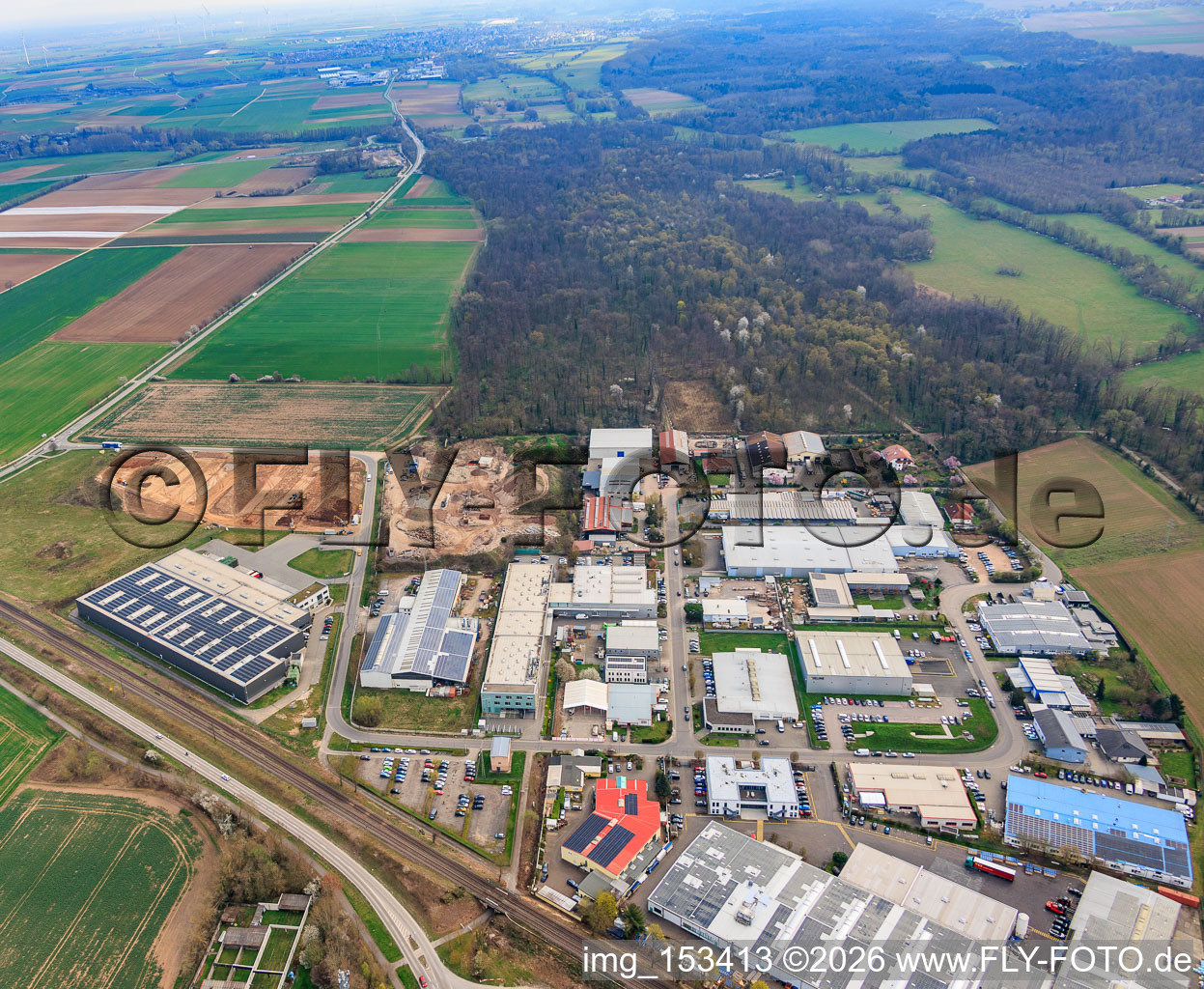 Große Ahlmühle industrial park from the west in Rohrbach in the state Rhineland-Palatinate, Germany