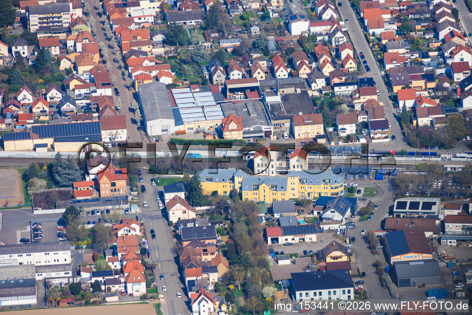 Train station and commercial building at Bahnhofsplatz in the district Böhl in Böhl-Iggelheim in the state Rhineland-Palatinate, Germany