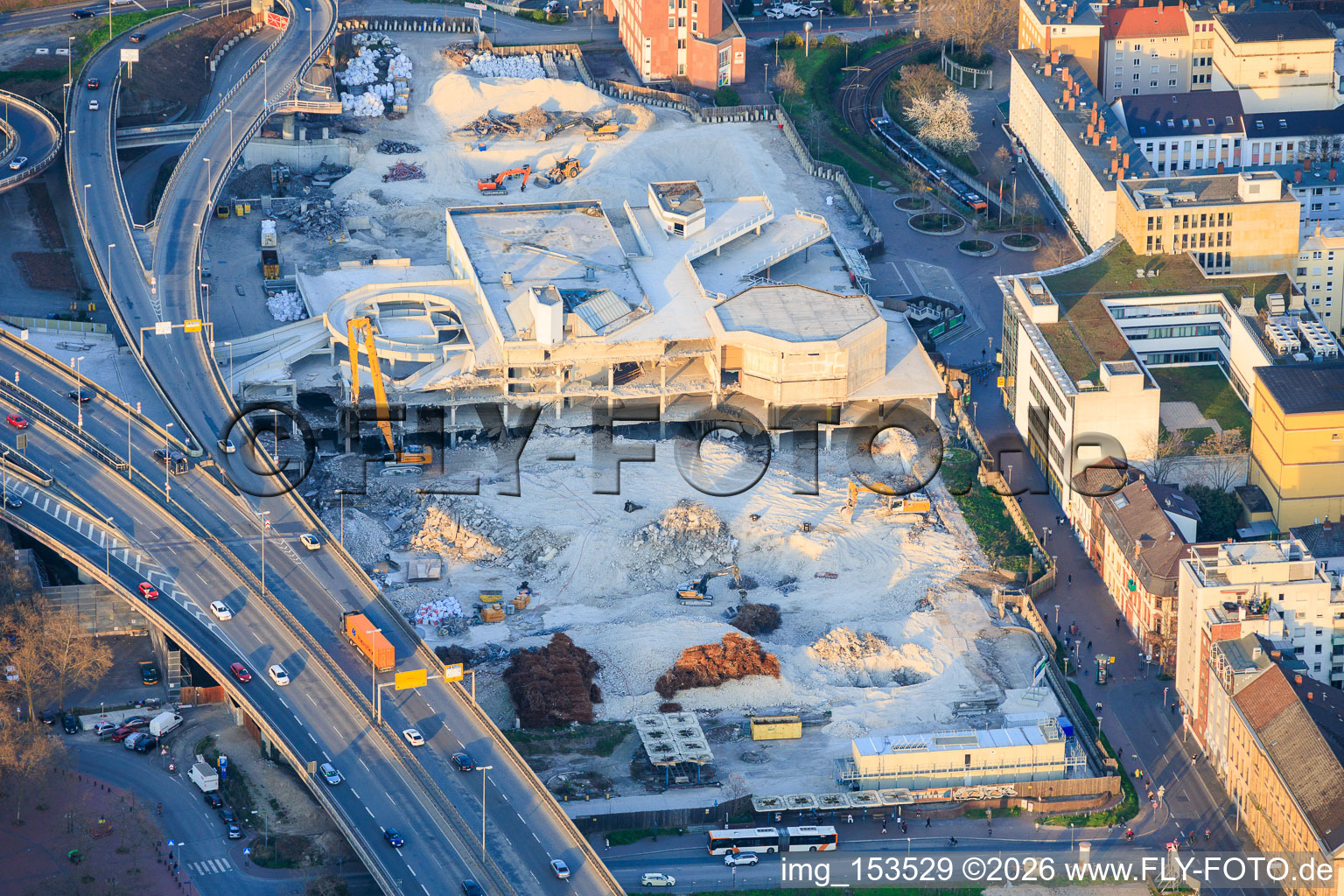 The former town hall center, demolished down to its foundations, is located on the still-to-be-demolished elevated highway (B44). in the district West in Ludwigshafen am Rhein in the state Rhineland-Palatinate, Germany