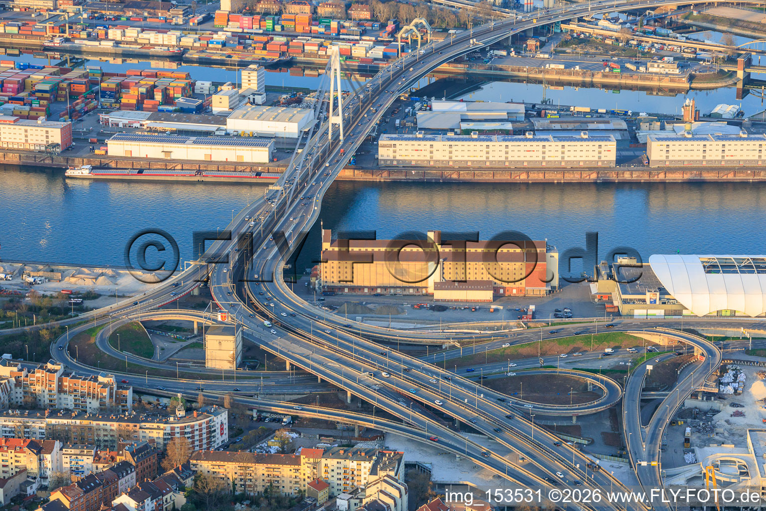 Bridge approach of the elevated highway north (B44) to the Konrad-Schuhmacher Rhine Bridge with cube bunker, which is to be demolished from August 2026 in the district Hemshof in Ludwigshafen am Rhein in the state Rhineland-Palatinate, Germany