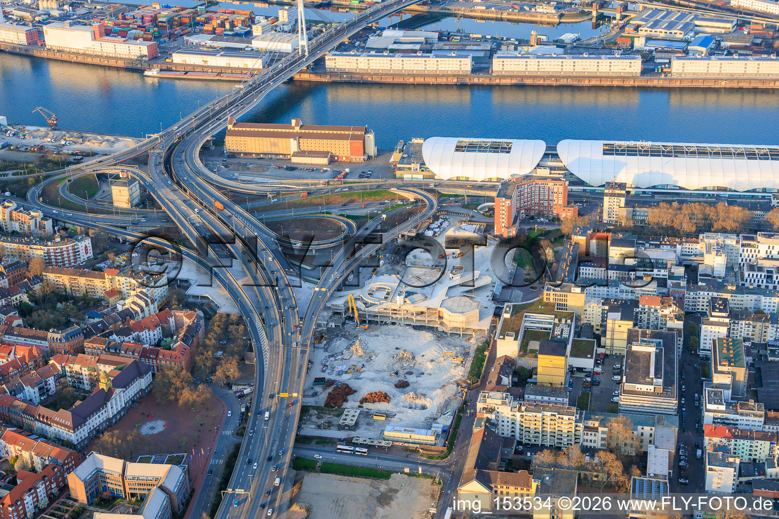 Bridge approach of the elevated highway north (B44) to the Konrad-Schuhmacher Rhine Bridge with cube bunker, which is to be demolished from August 2026 in the district Mitte in Ludwigshafen am Rhein in the state Rhineland-Palatinate, Germany