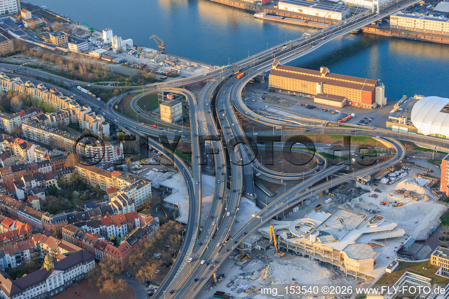 Bridge approach of the elevated highway north (B44) to the Konrad-Schuhmacher Rhine Bridge with cube bunker, which is to be demolished from August 2026 in the district Mitte in Ludwigshafen am Rhein in the state Rhineland-Palatinate, Germany