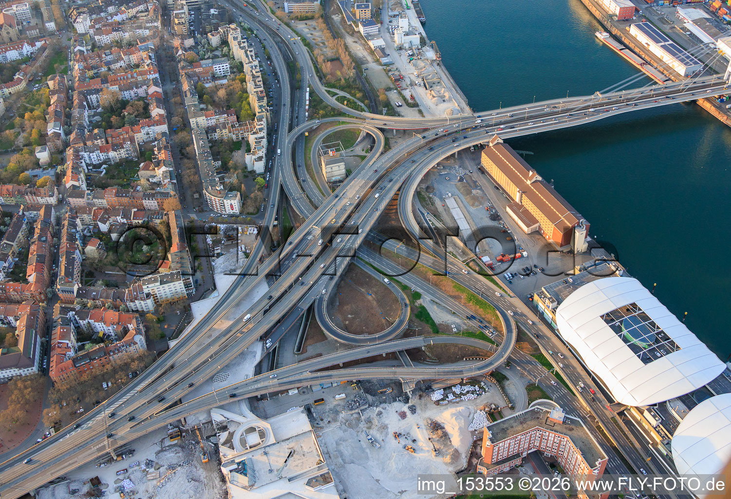 Bridge approach of the elevated highway north (B44) to the Konrad-Schuhmacher Rhine Bridge with cube bunker, which is to be demolished from August 2026 in the district Mitte in Ludwigshafen am Rhein in the state Rhineland-Palatinate, Germany