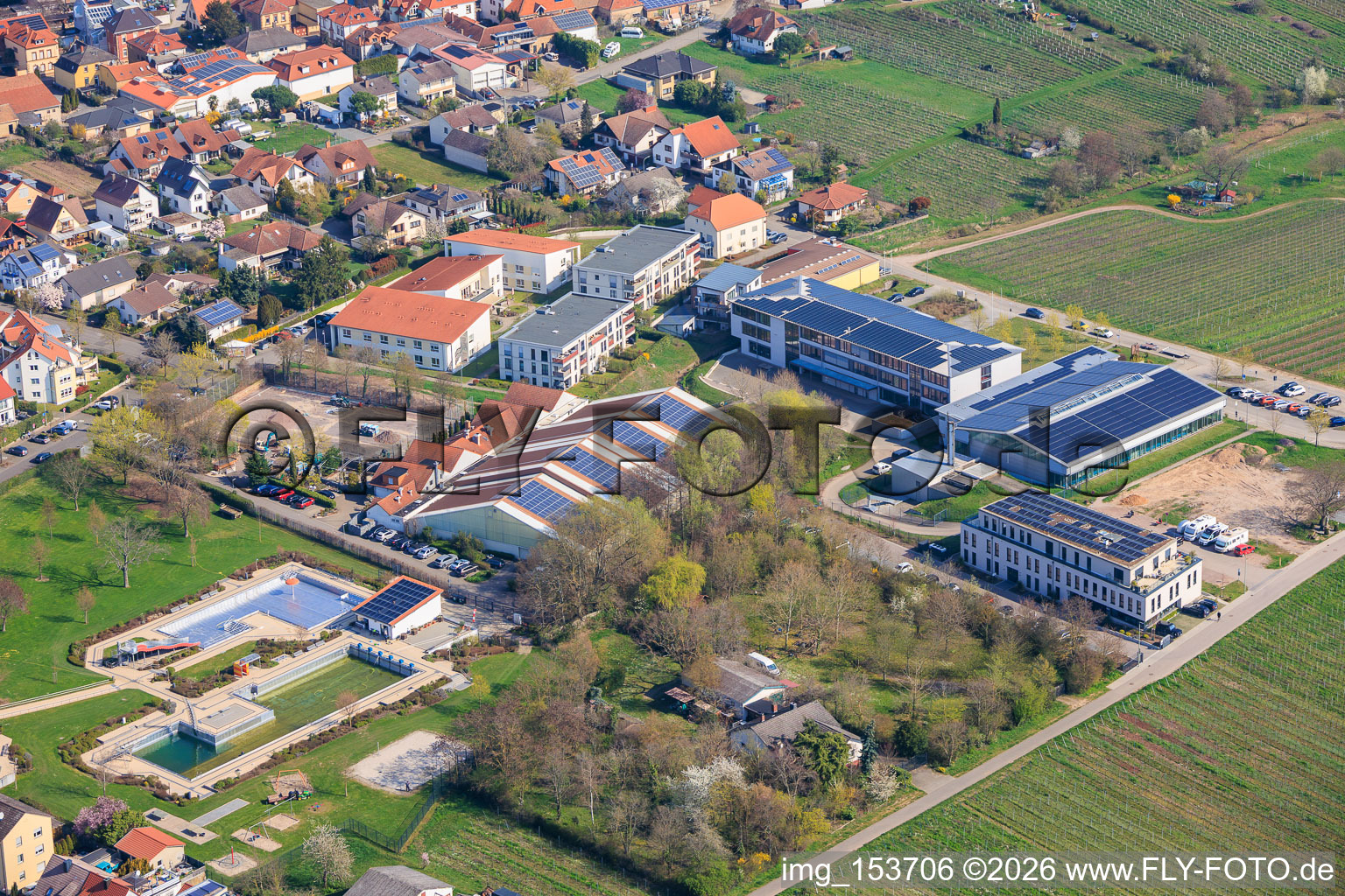 Sports park Maikammer with Kalmit sports hall and Gebrüder-Ullrich-Realschule plus in Maikammer in the state Rhineland-Palatinate, Germany