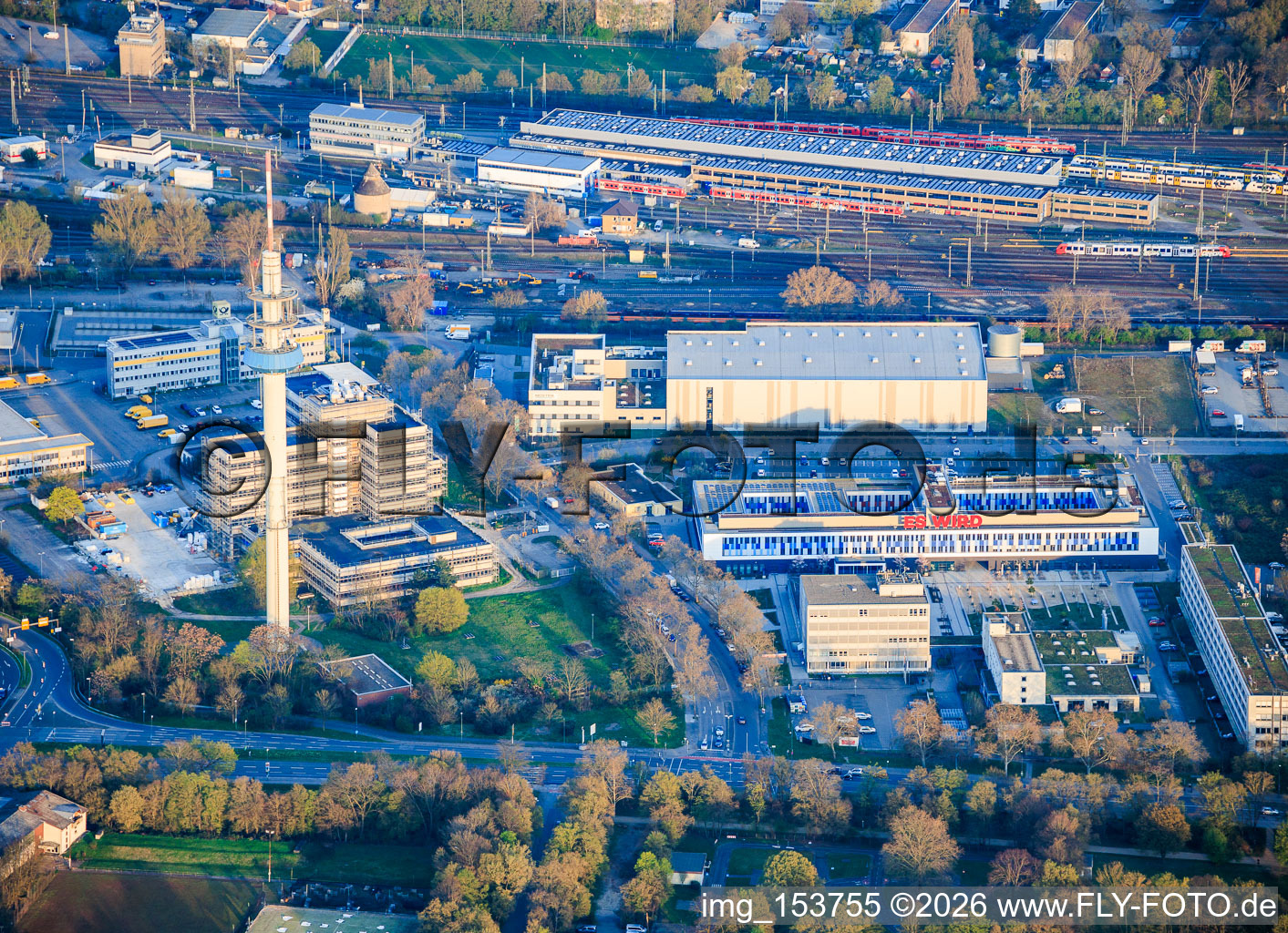 Ludwigshafen telecommunications tower, Ludwigshafen University of Applied Sciences campus, MOSTER Elektrogroßhandel GmbH and Deutsche Post mail center 67 in the district Mundenheim in Ludwigshafen am Rhein in the state Rhineland-Palatinate, Germany
