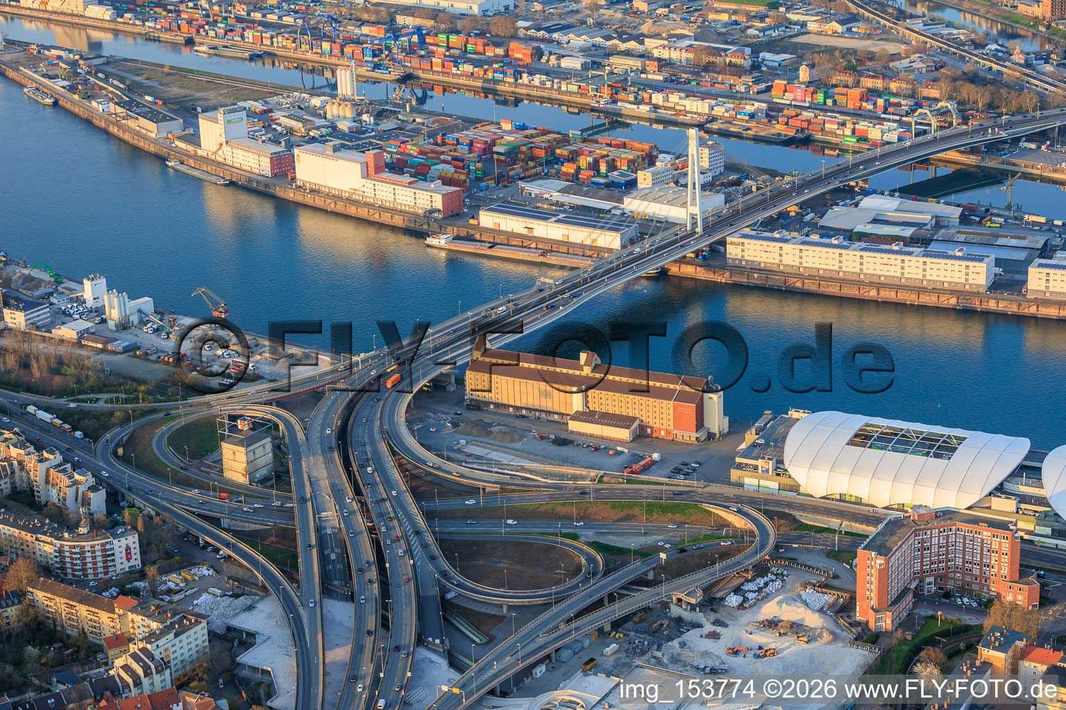 Bridge approach of the elevated highway north (B44) to the Konrad-Schuhmacher Rhine Bridge with cube bunker, which is to be demolished from August 2026 in the district Mitte in Ludwigshafen am Rhein in the state Rhineland-Palatinate, Germany