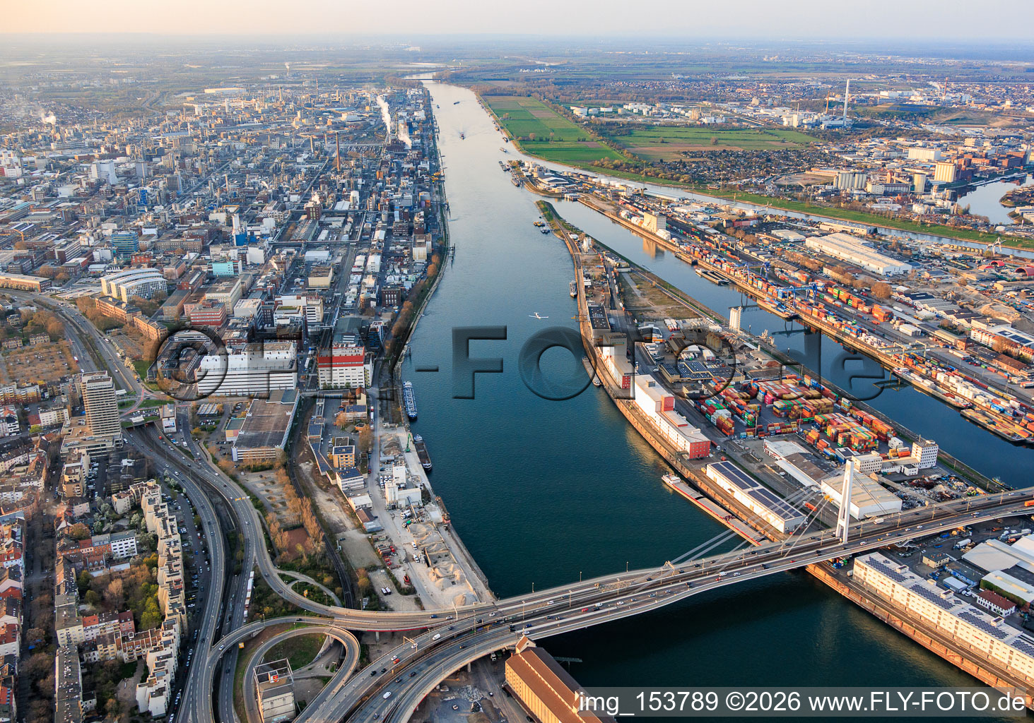 Site on the Rhine riverbank from the south in the district BASF in Ludwigshafen am Rhein in the state Rhineland-Palatinate, Germany