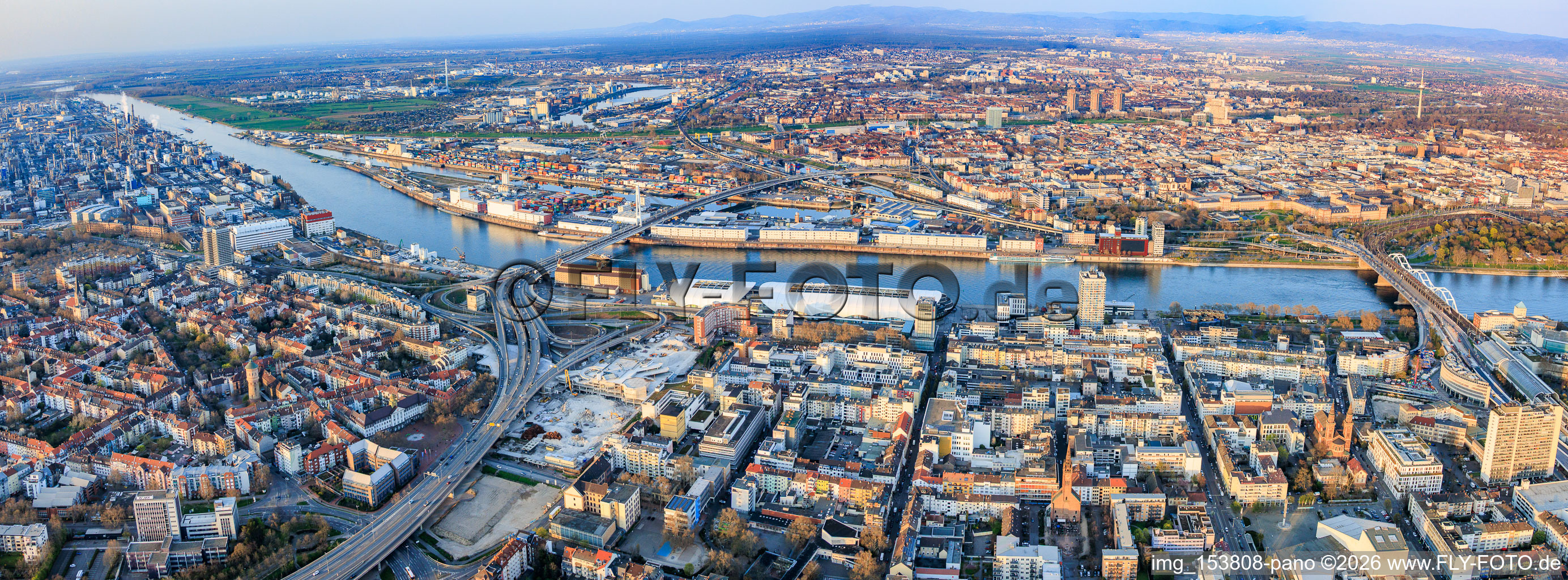 City panorama on the Rhine from the west, from BASF to the Konrad Adenauer Bridge in the district Mitte in Ludwigshafen am Rhein in the state Rhineland-Palatinate, Germany