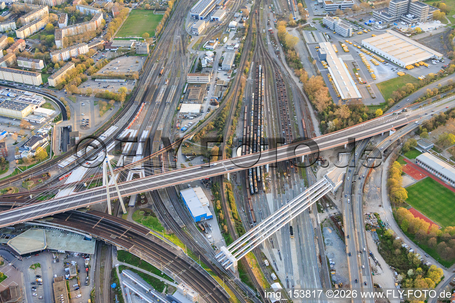 Main station and marshalling yard from the north in the district Süd in Ludwigshafen am Rhein in the state Rhineland-Palatinate, Germany