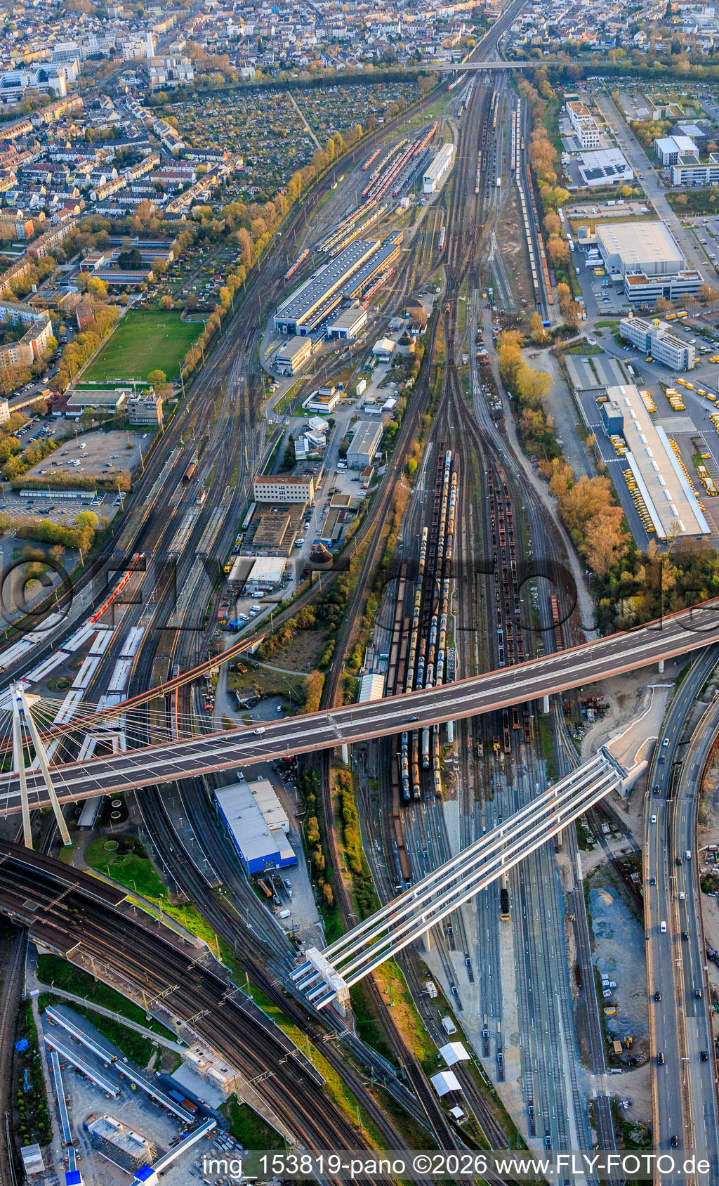 Main station and marshalling yard from the north in the district Süd in Ludwigshafen am Rhein in the state Rhineland-Palatinate, Germany
