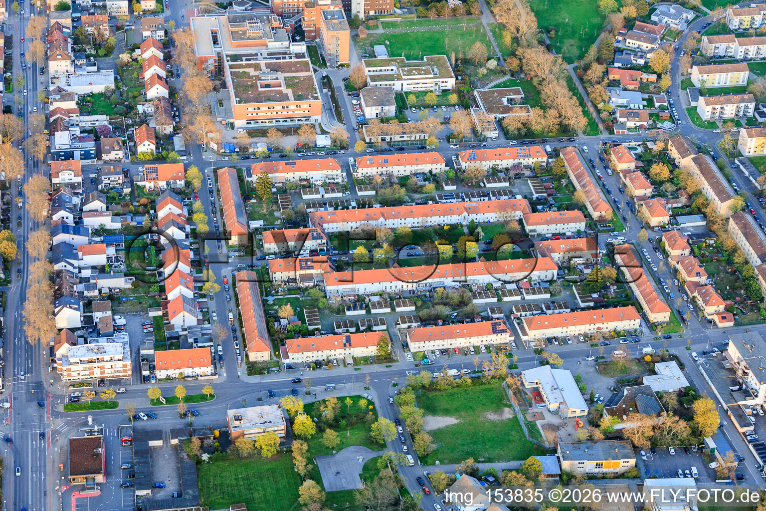 Residential complex in Grazerstrasse in the district Gartenstadt in Ludwigshafen am Rhein in the state Rhineland-Palatinate, Germany