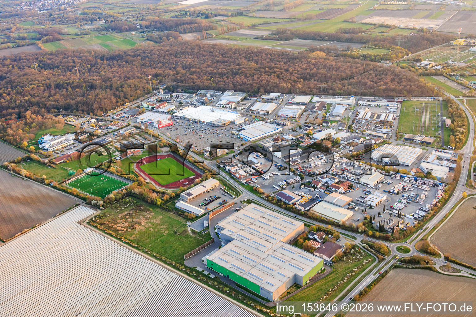 Industrial Park South with Frigo-Trans GmbH Mutterstadt and Kobler Container Depot in Mutterstadt in the state Rhineland-Palatinate, Germany