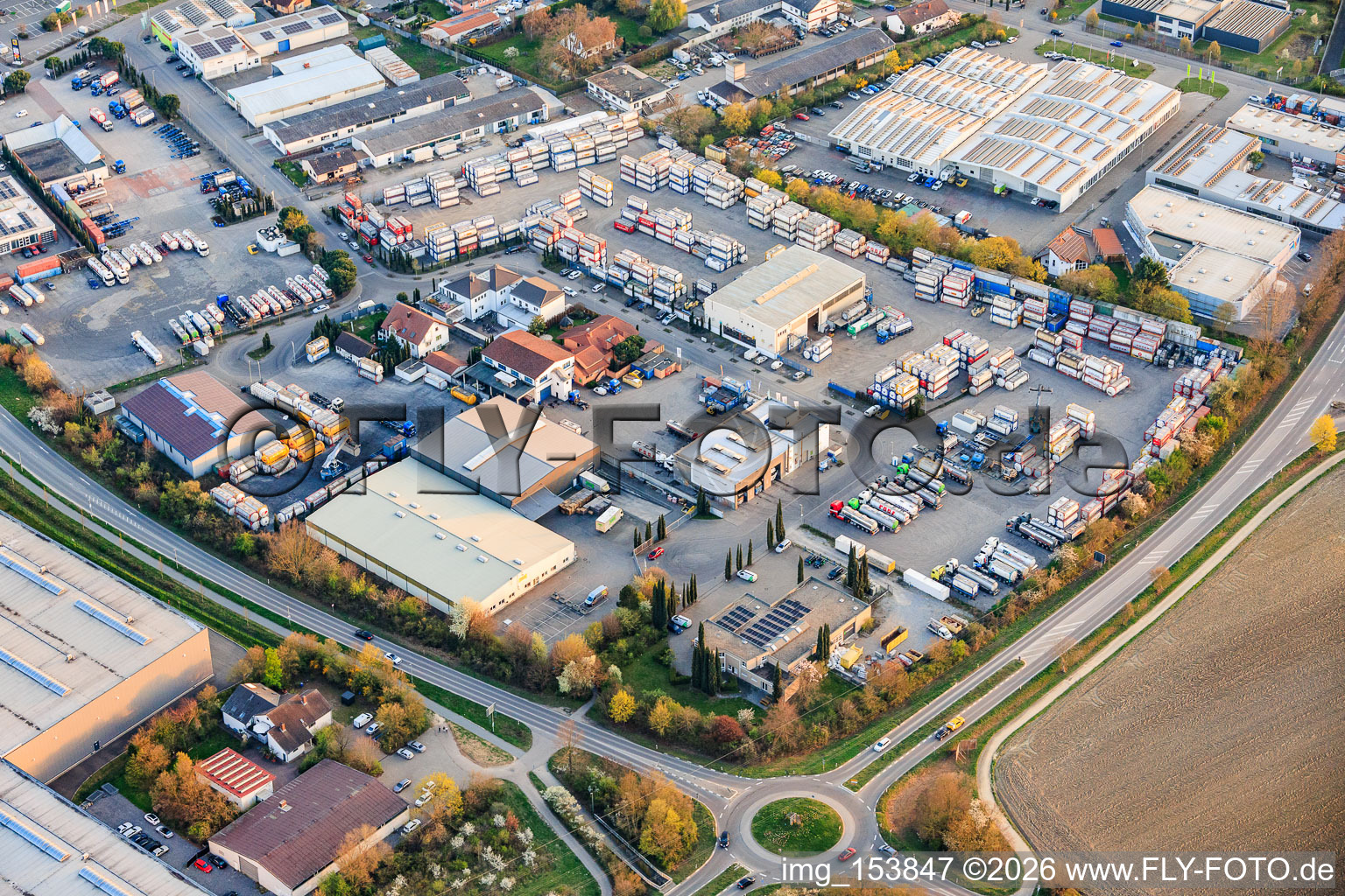 Industrial Park South with Frigo-Trans GmbH Mutterstadt and Kobler Container Depot in Mutterstadt in the state Rhineland-Palatinate, Germany