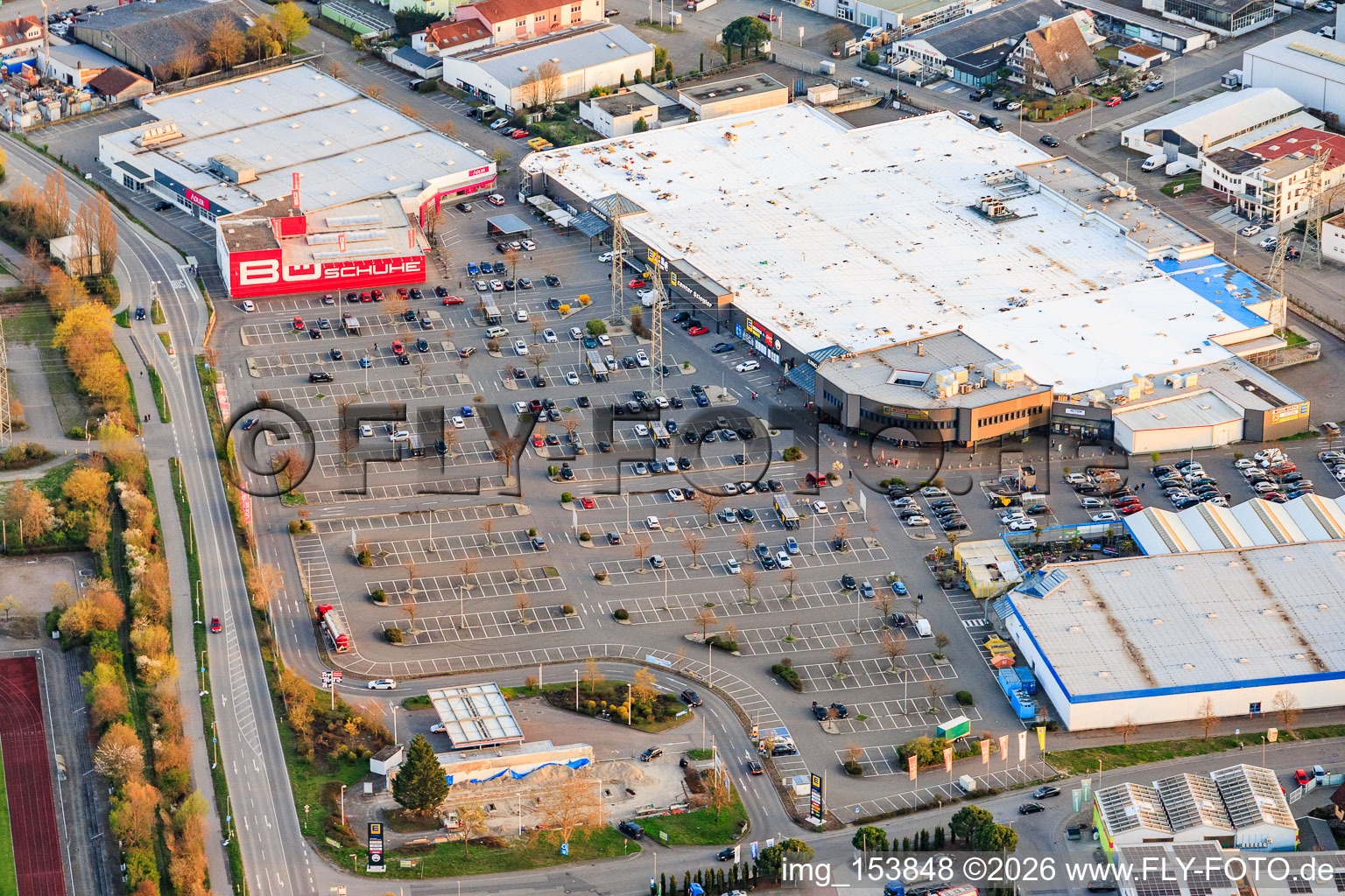 Southern industrial park with Edeka Stiegler and BÖ Shoes & Fashion in Mutterstadt in the state Rhineland-Palatinate, Germany