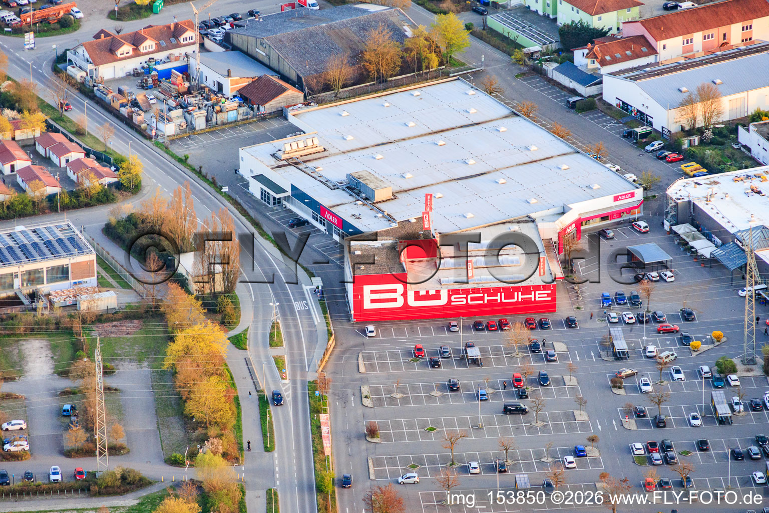 Southern industrial park with Edeka Stiegler and BÖ Shoes & Fashion in Mutterstadt in the state Rhineland-Palatinate, Germany