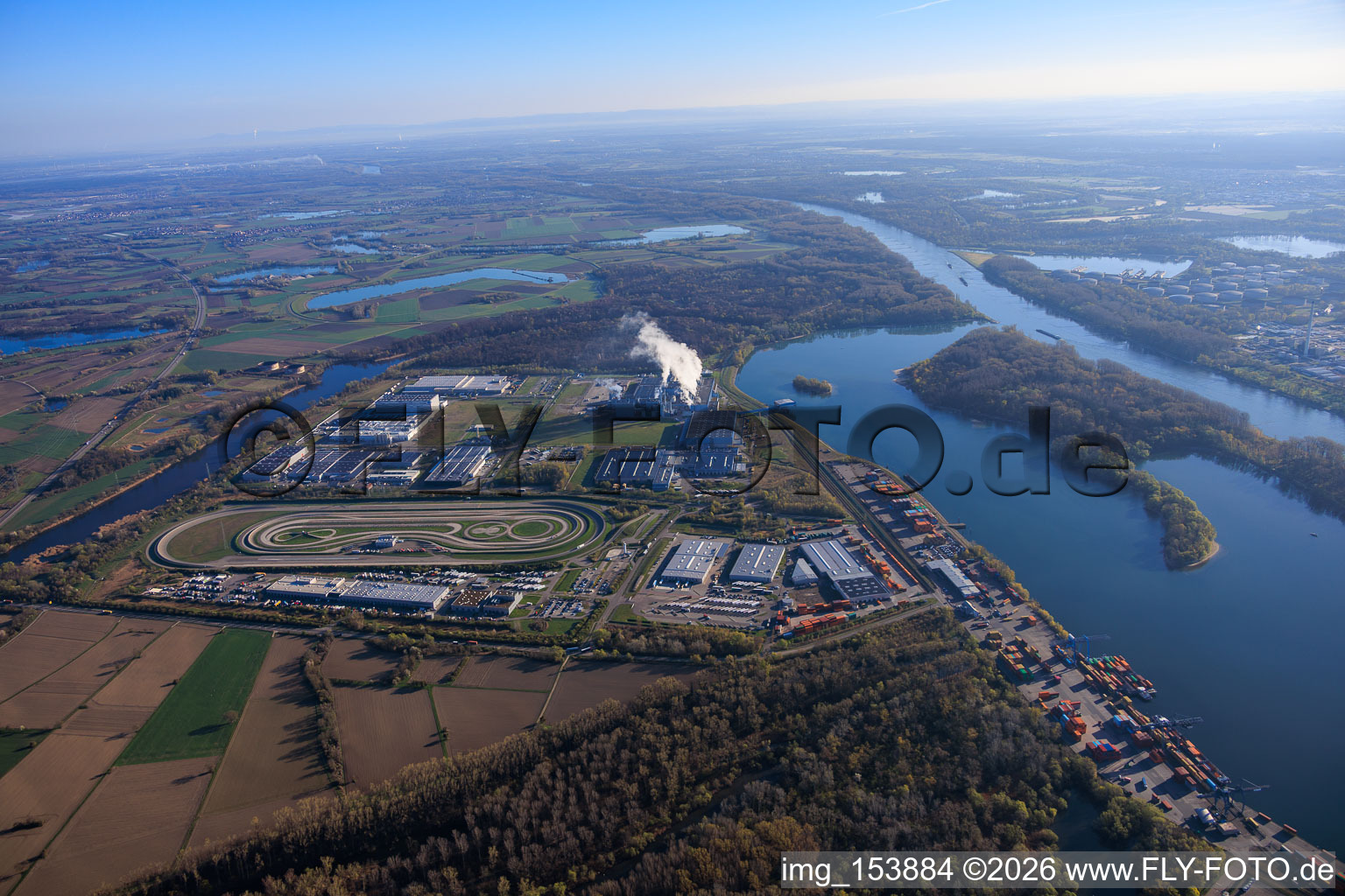 Wörth-Oberwald industrial area from the south at the state port in Wörth am Rhein in the state Rhineland-Palatinate, Germany