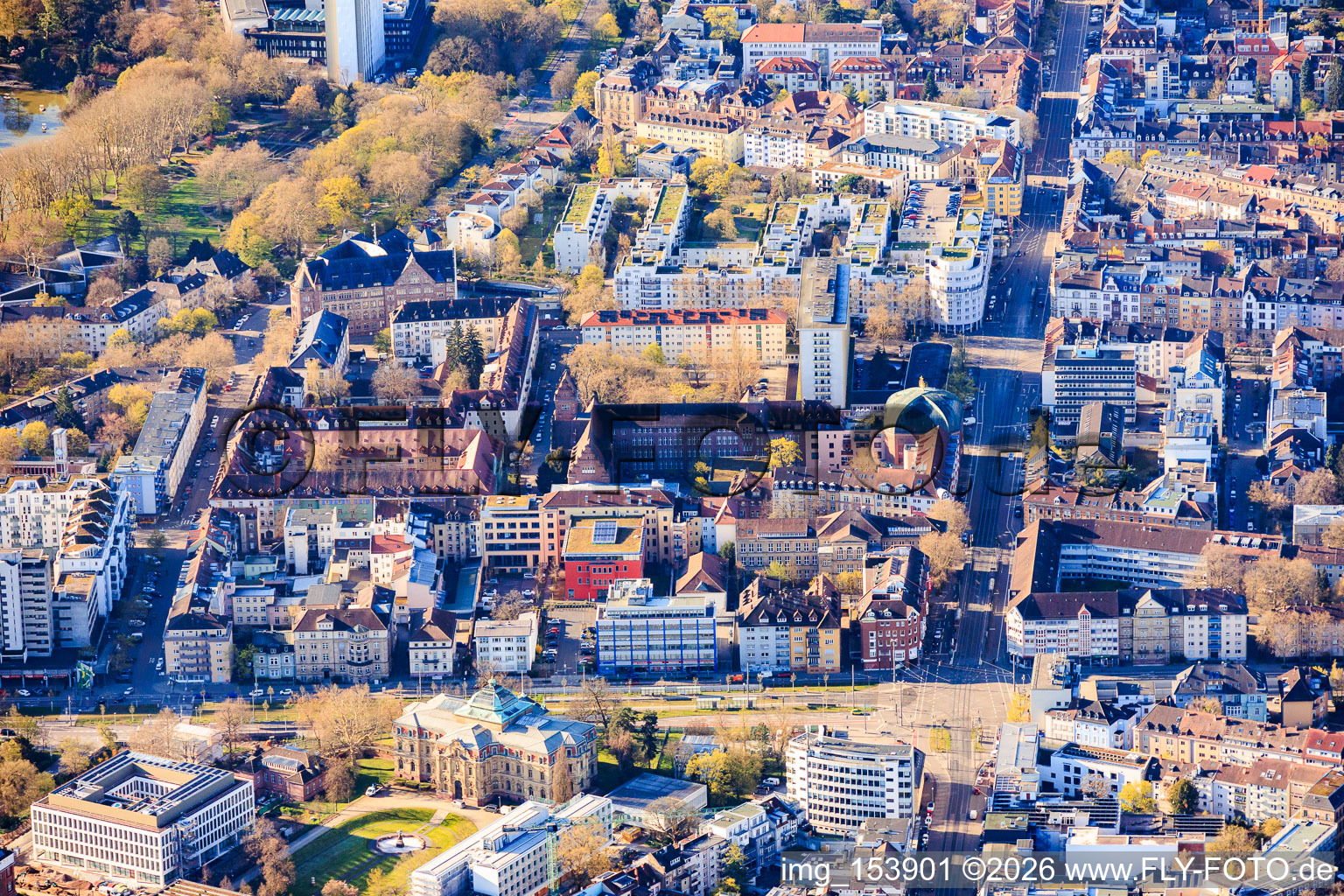 Kriegstraße x Karlstraße from the north with Hereditary Grand Ducal Palace in the district Innenstadt-West in Karlsruhe in the state Baden-Wuerttemberg, Germany