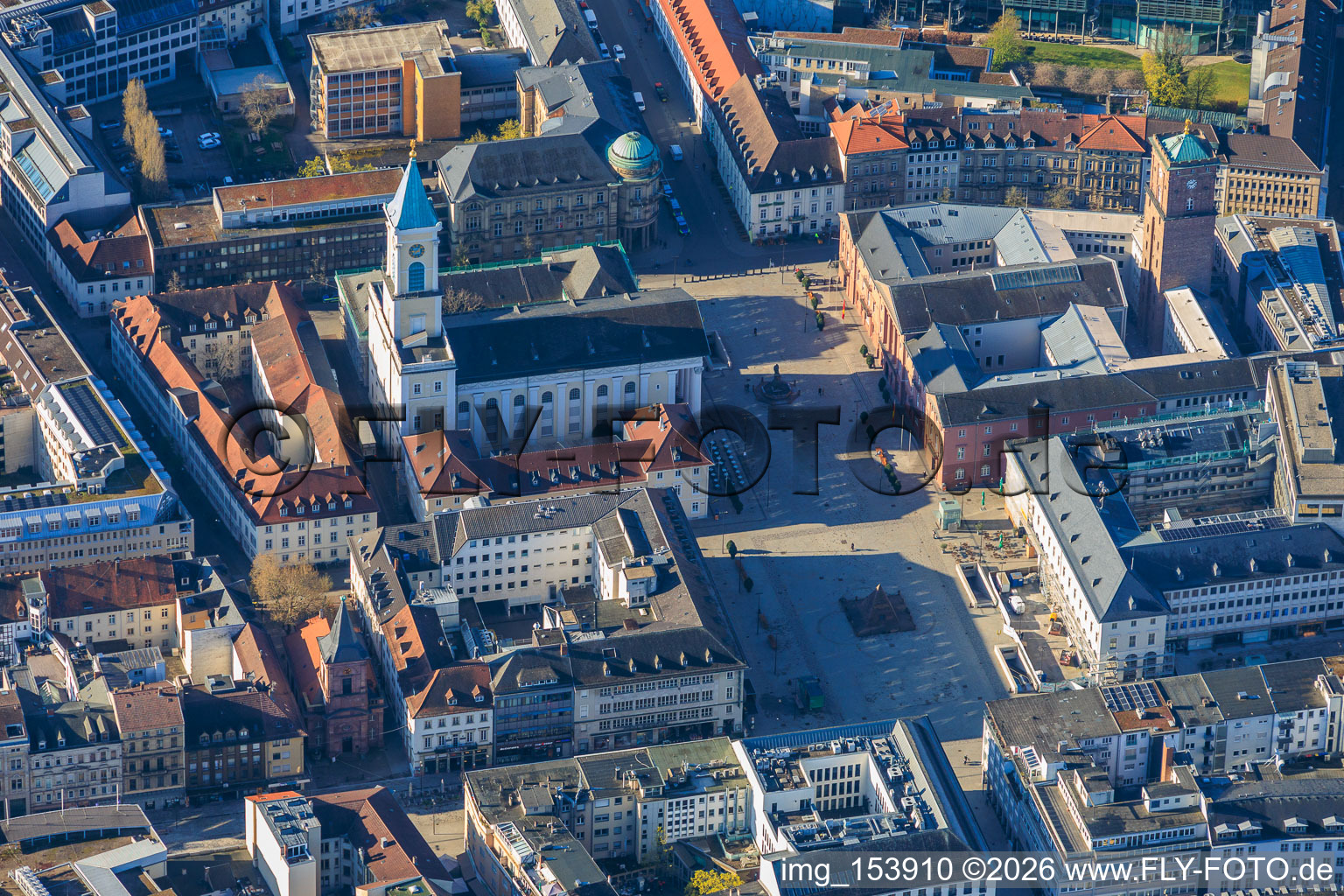 Market square with pyramid and city church Karlsruhe in the district Innenstadt-Ost in Karlsruhe in the state Baden-Wuerttemberg, Germany