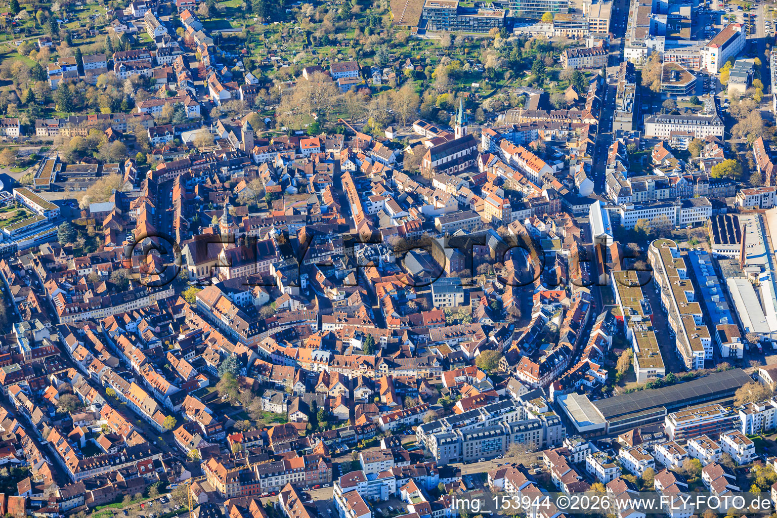 Old town view from the north with Bienleintorstrasse and Zunftstrasse in the district Durlach in Karlsruhe in the state Baden-Wuerttemberg, Germany