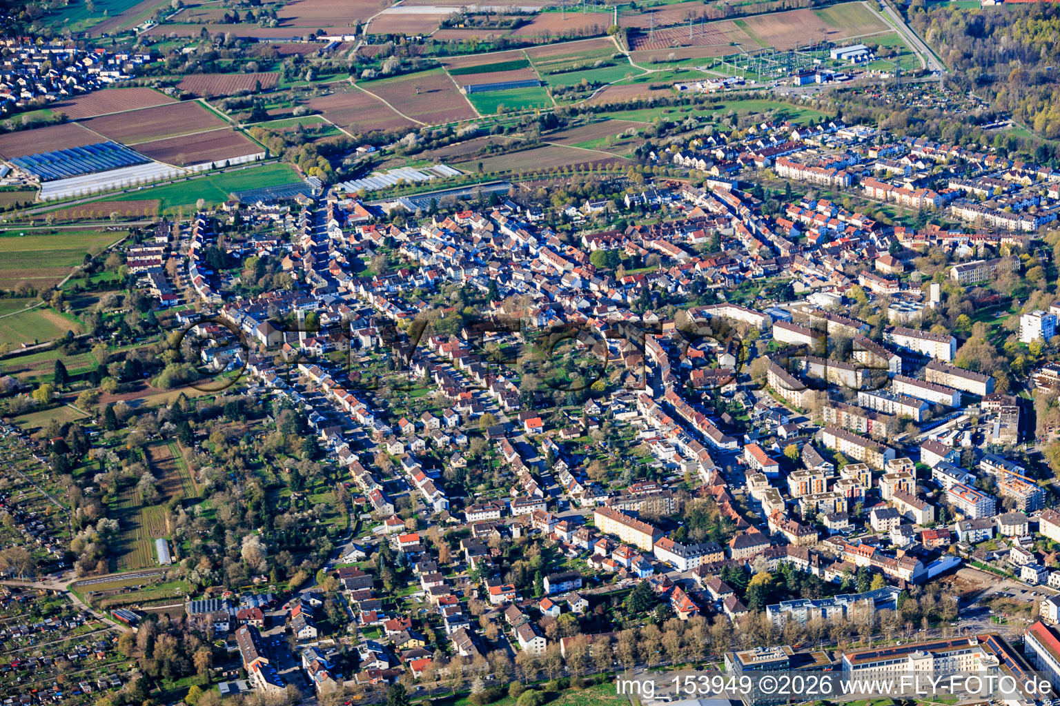 Aue district from the north in the district Durlach in Karlsruhe in the state Baden-Wuerttemberg, Germany