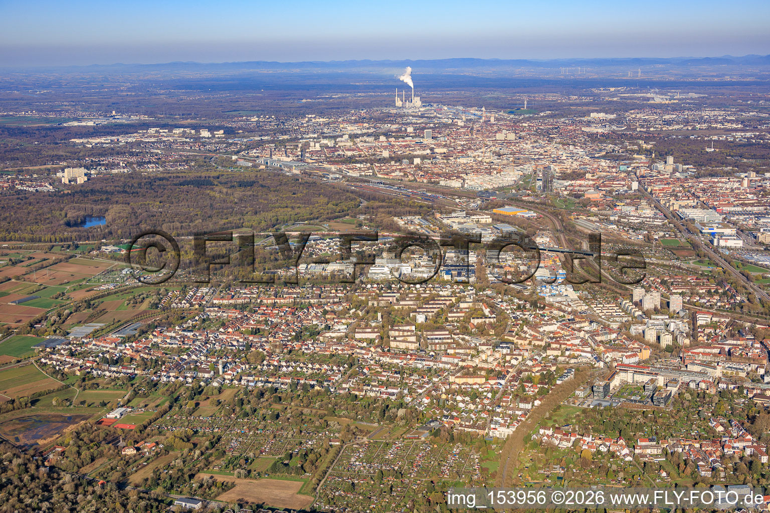 City view from the east to the Rhine port power plant in the district Durlach in Karlsruhe in the state Baden-Wuerttemberg, Germany