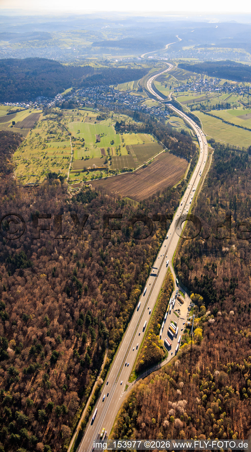 Route of the A8 eastward from the Steinig rest area in the district Untermutschelbach in Karlsbad in the state Baden-Wuerttemberg, Germany