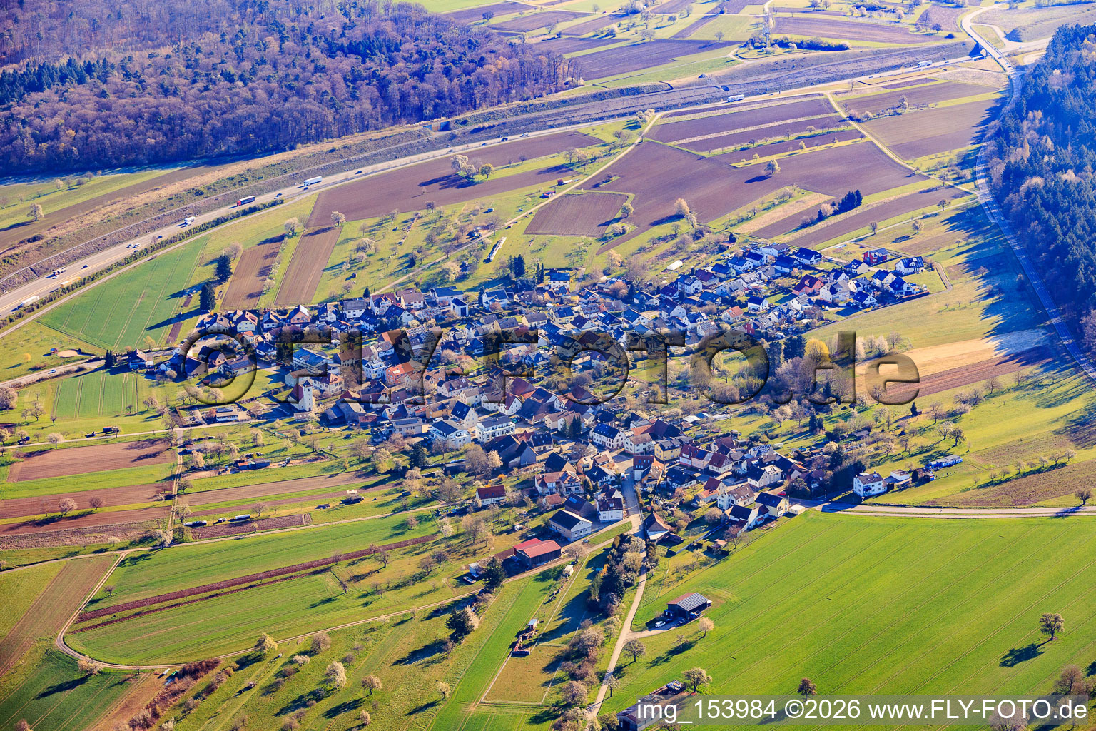 Village view this side of the A8 in the district Obermutschelbach in Karlsbad in the state Baden-Wuerttemberg, Germany